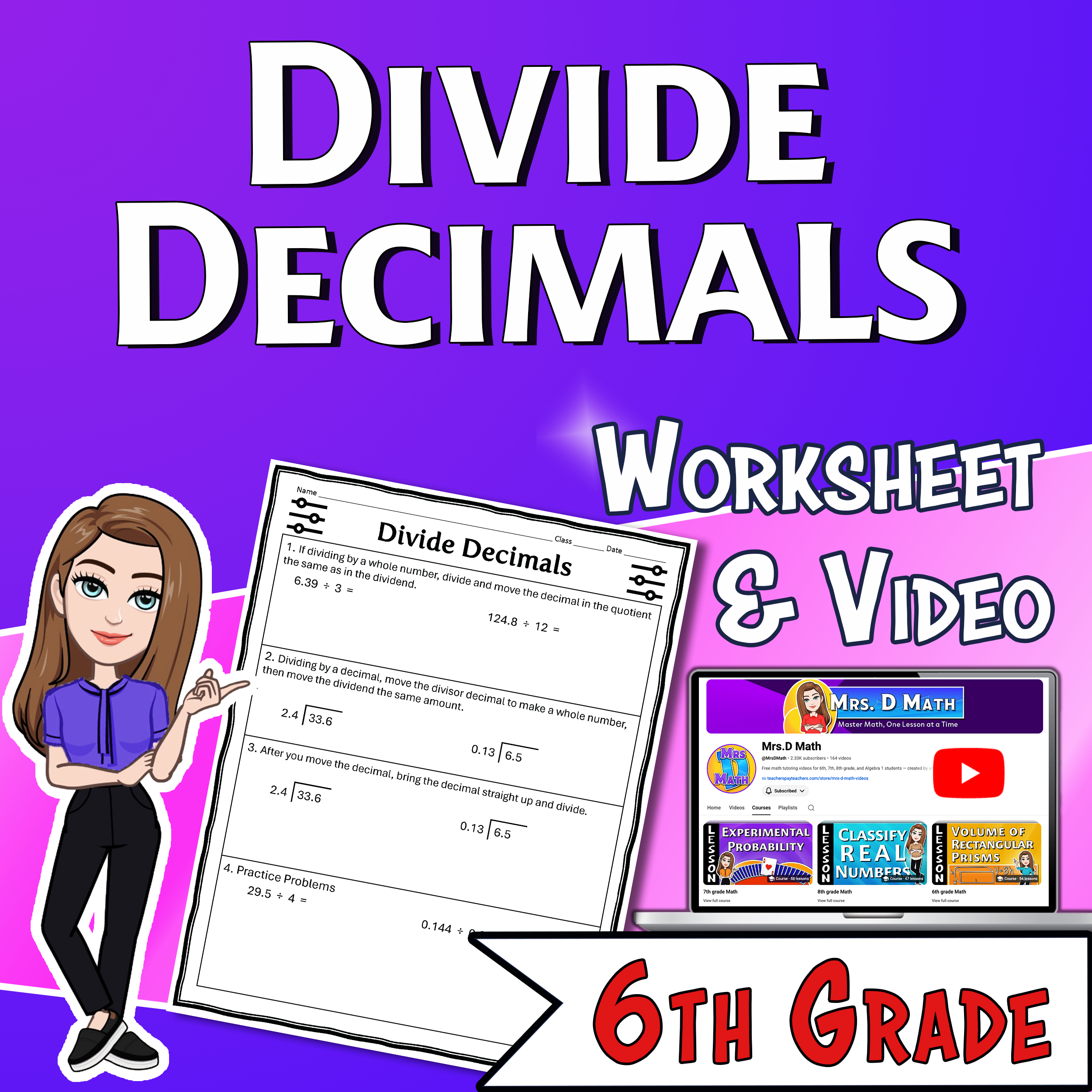 Divide Decimals Video Lesson Worksheet | 6th grade