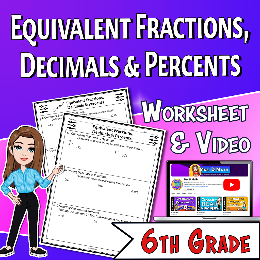 Equivalent Fractions, Decimals & Percents Video Lesson Worksheet | 6th grade