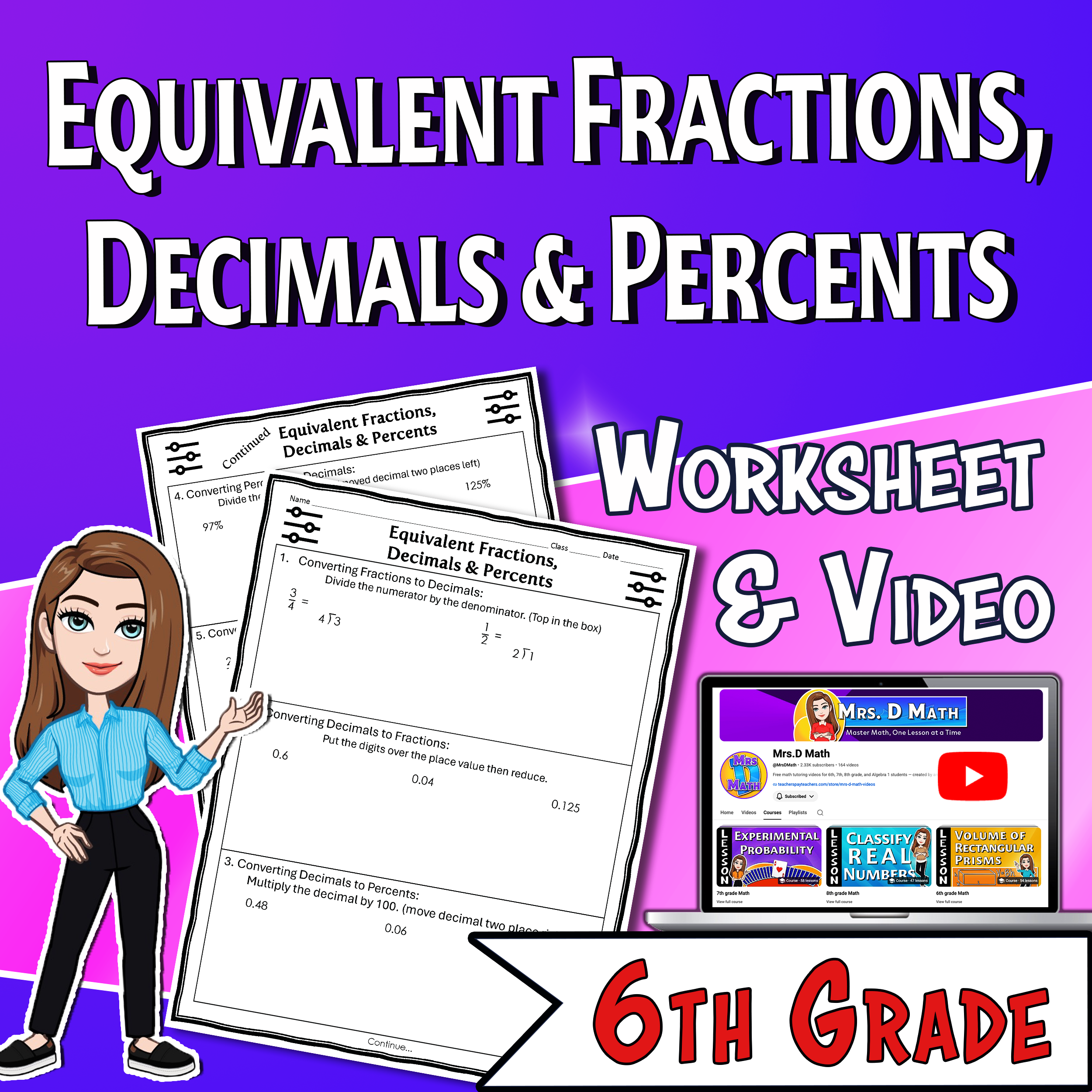 Equivalent Fractions, Decimals & Percents Video Lesson Worksheet | 6th grade