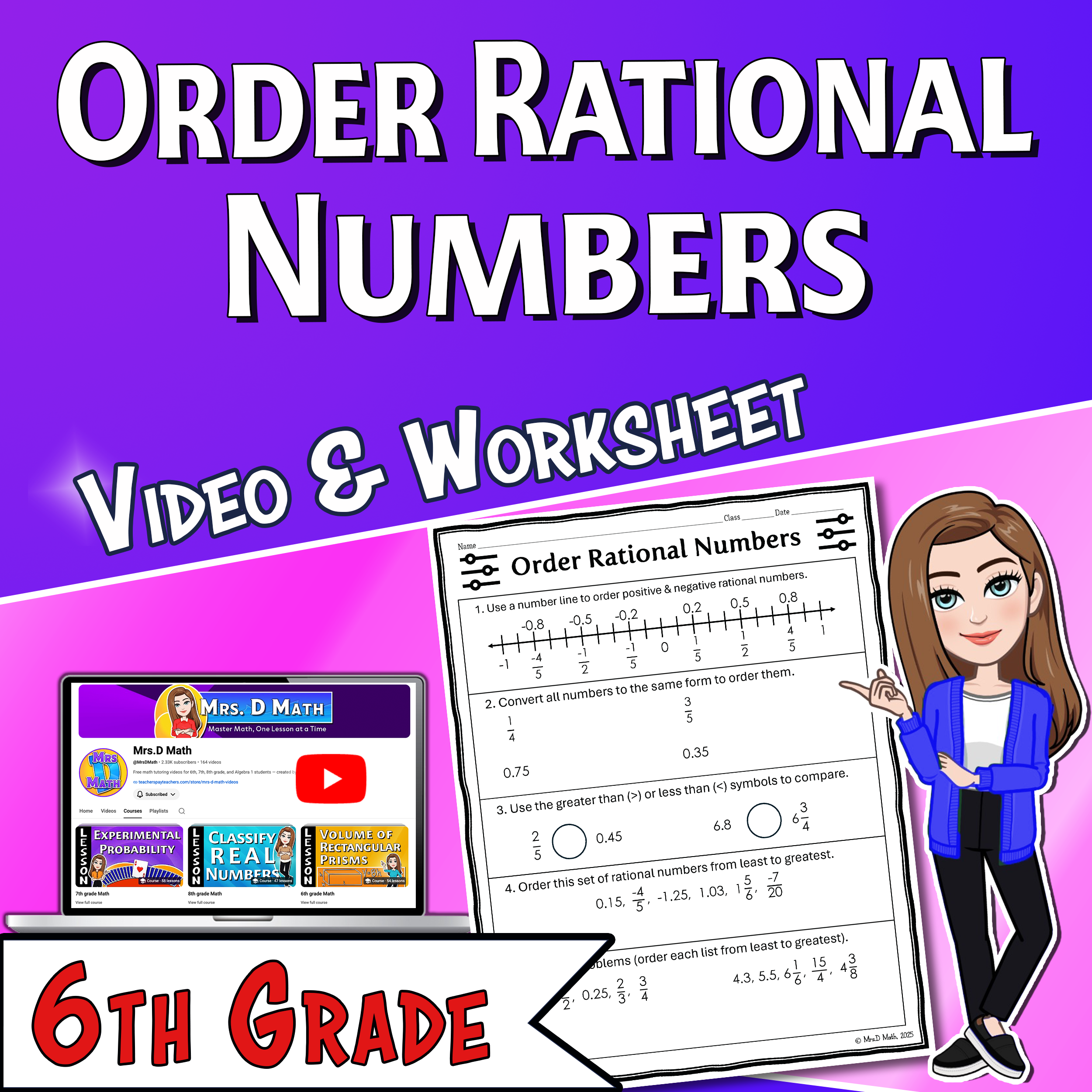 Order Rational Numbers Video Lesson Worksheet | 6th grade