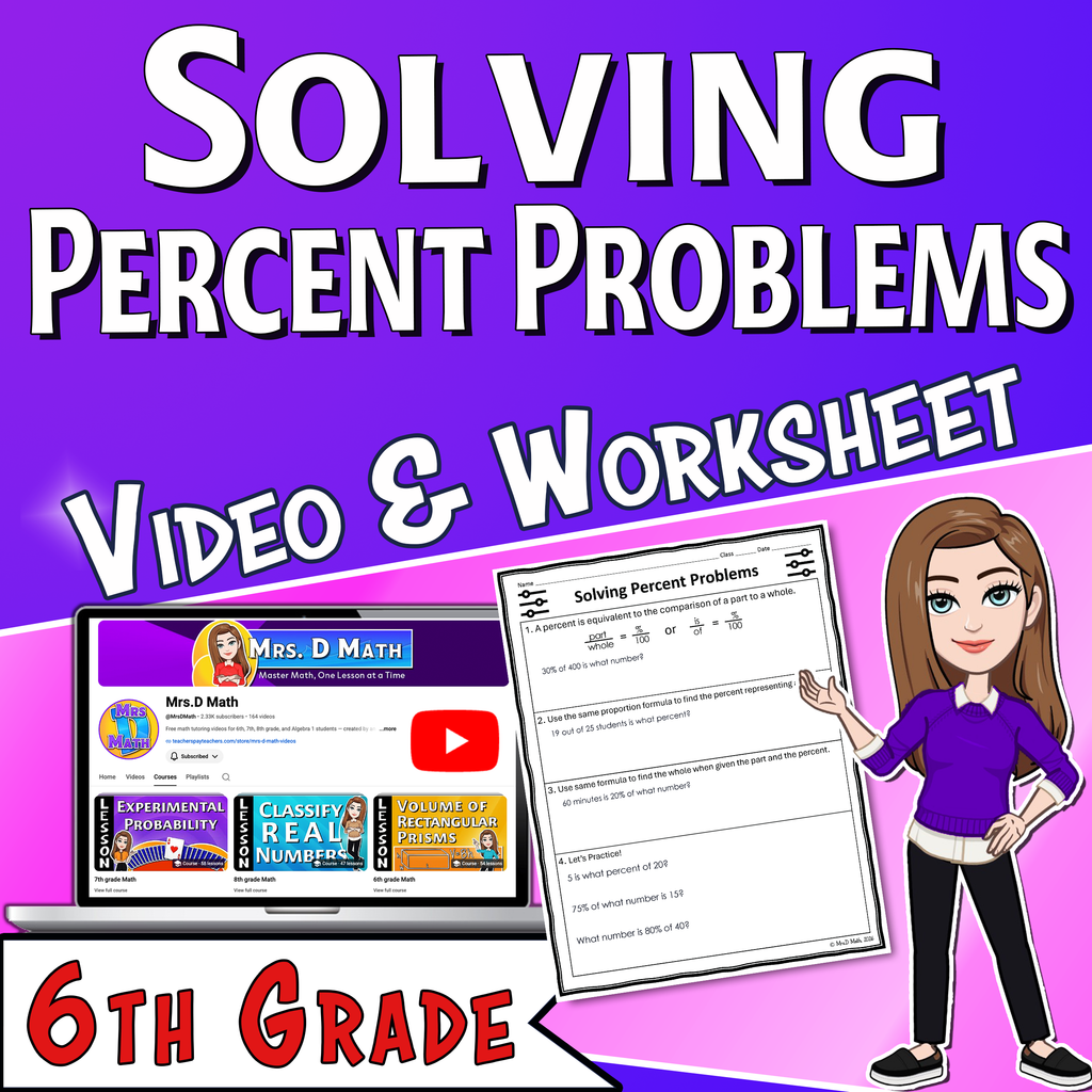 Solving Percent Problems Video Lesson Worksheet | 6th grade