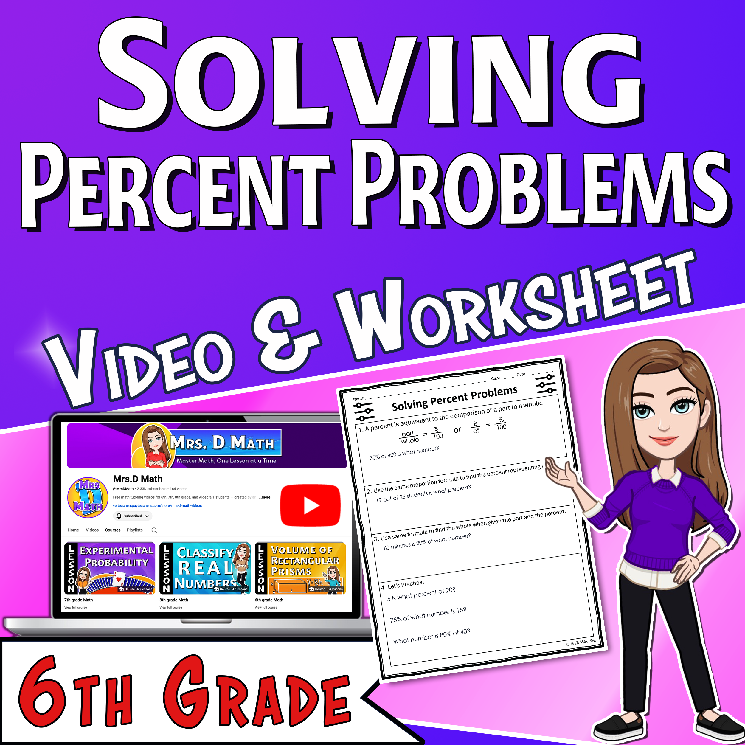 Solving Percent Problems Video Lesson Worksheet | 6th grade