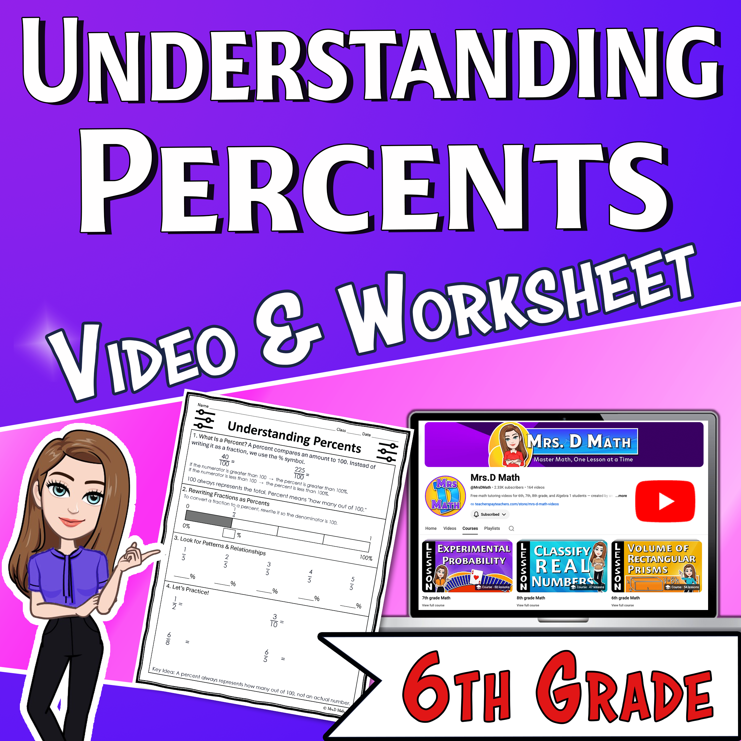 Understanding Percents Video Lesson Worksheet | 6th grade
