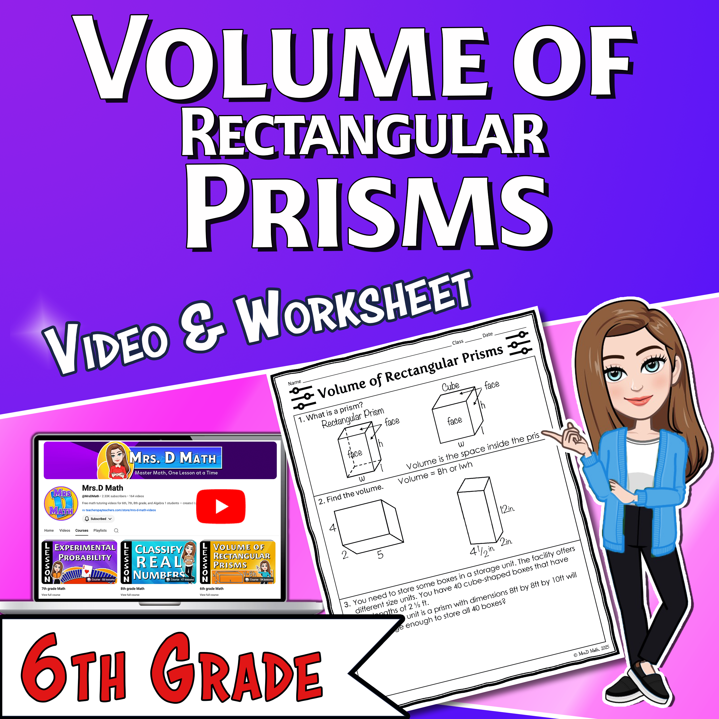 Volume of Rectangular Prisms Video Lesson Worksheet | 6th grade