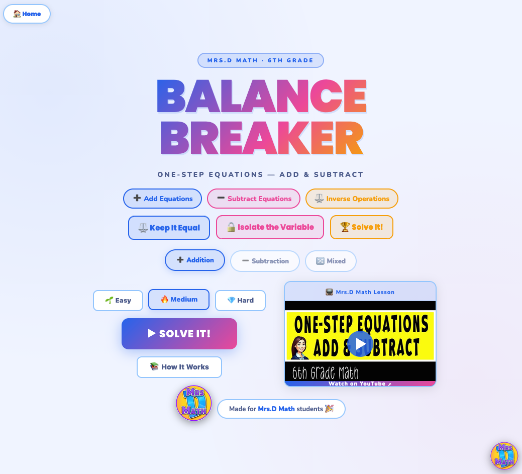 Balance Breaker | Step Equations Add & Subtract | 6th Grade