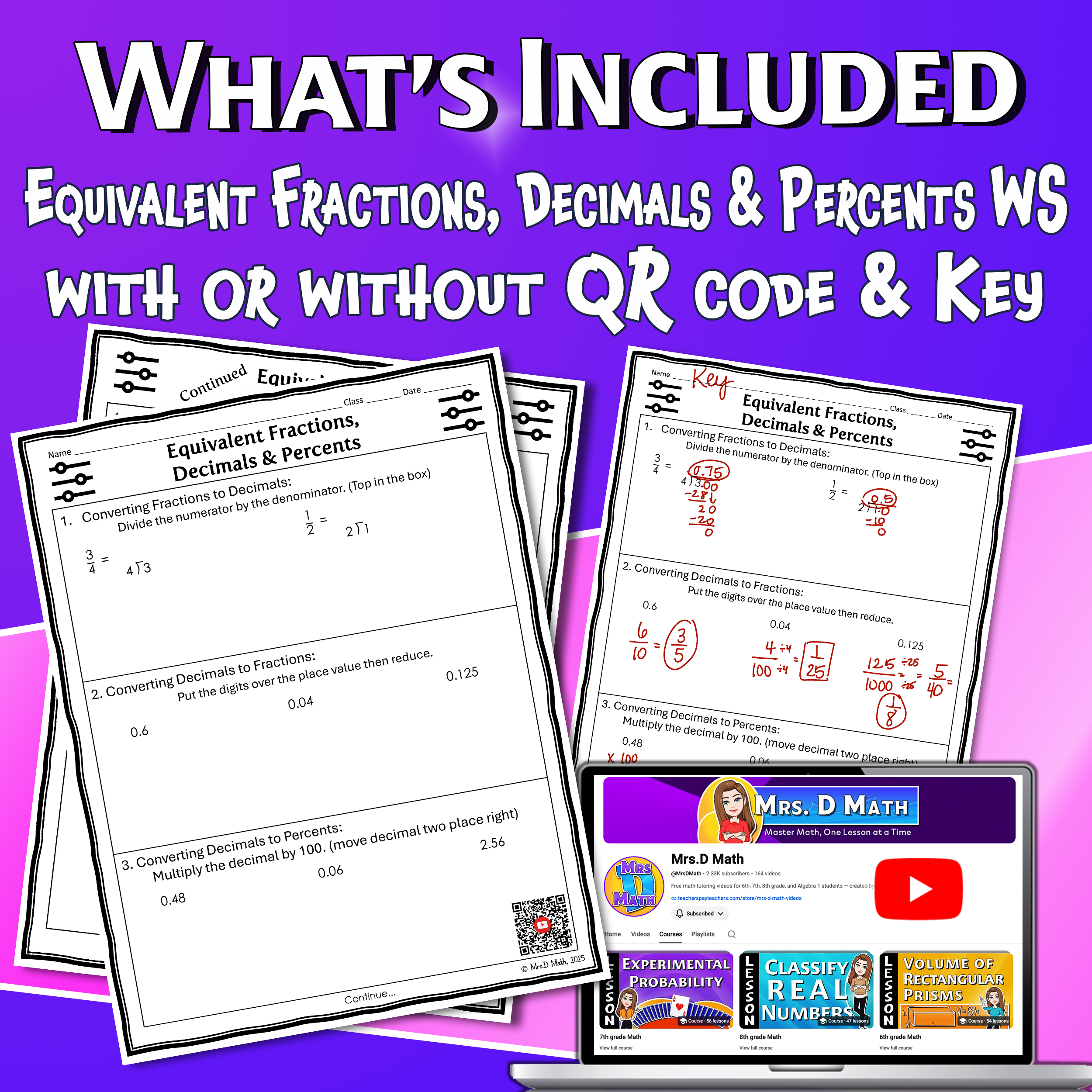 Equivalent Fractions, Decimals & Percents Video Lesson Worksheet | 6th grade