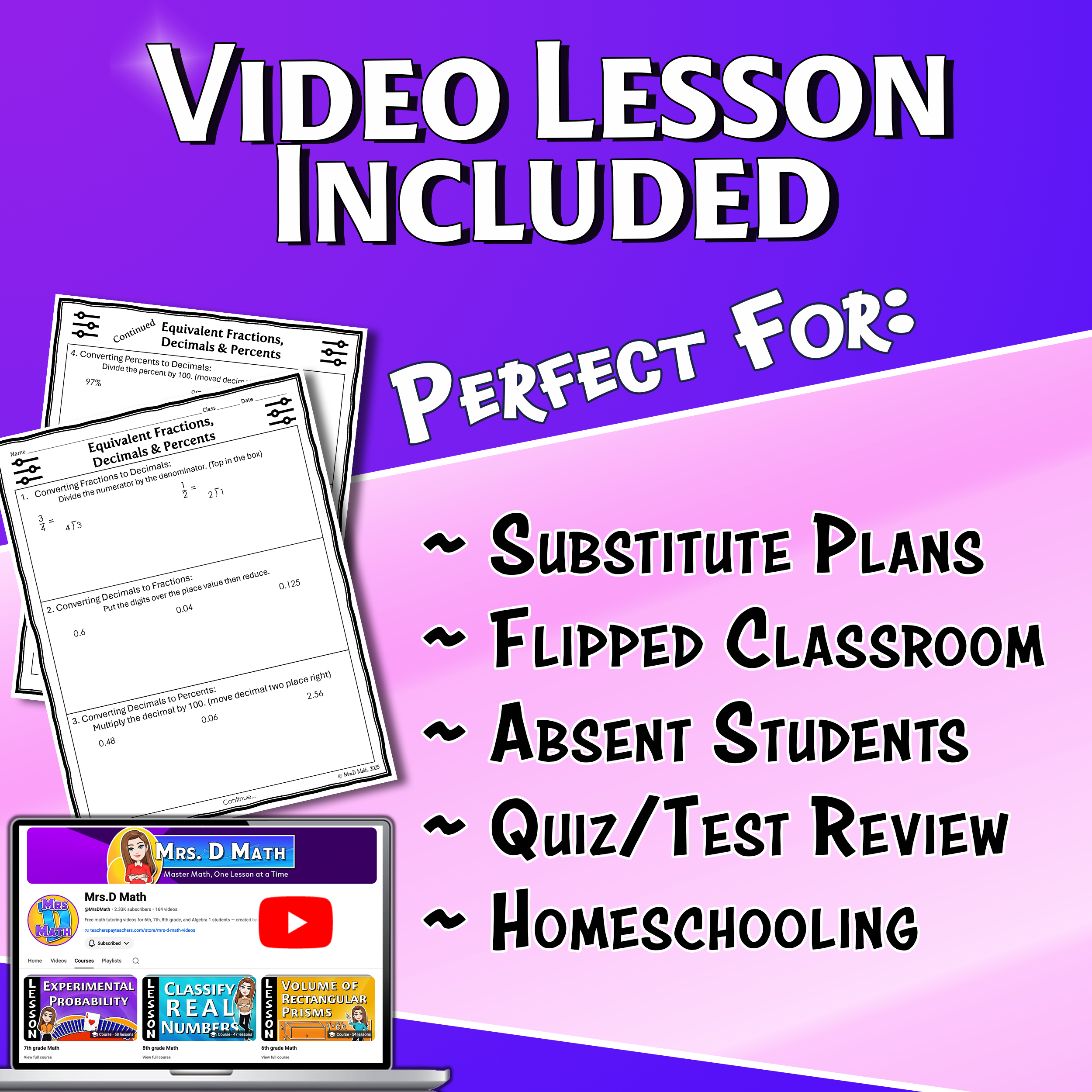 Equivalent Fractions, Decimals & Percents Video Lesson Worksheet | 6th grade