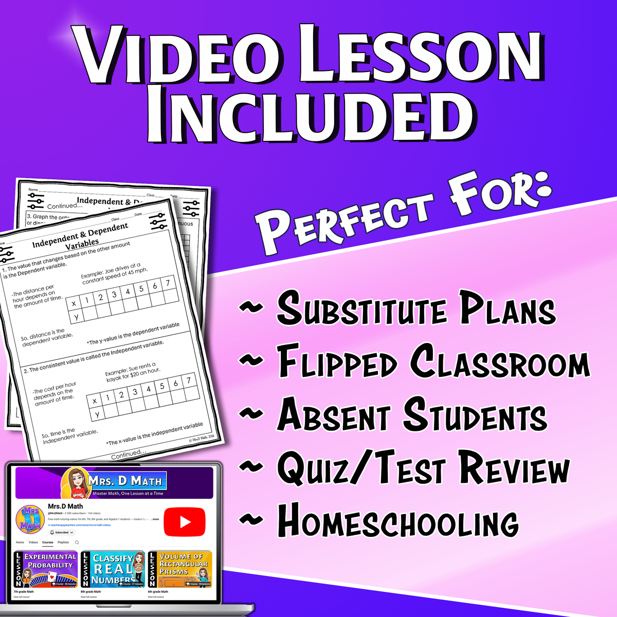 Independent & Dependent Variables Video Lesson Worksheet | 6th grade