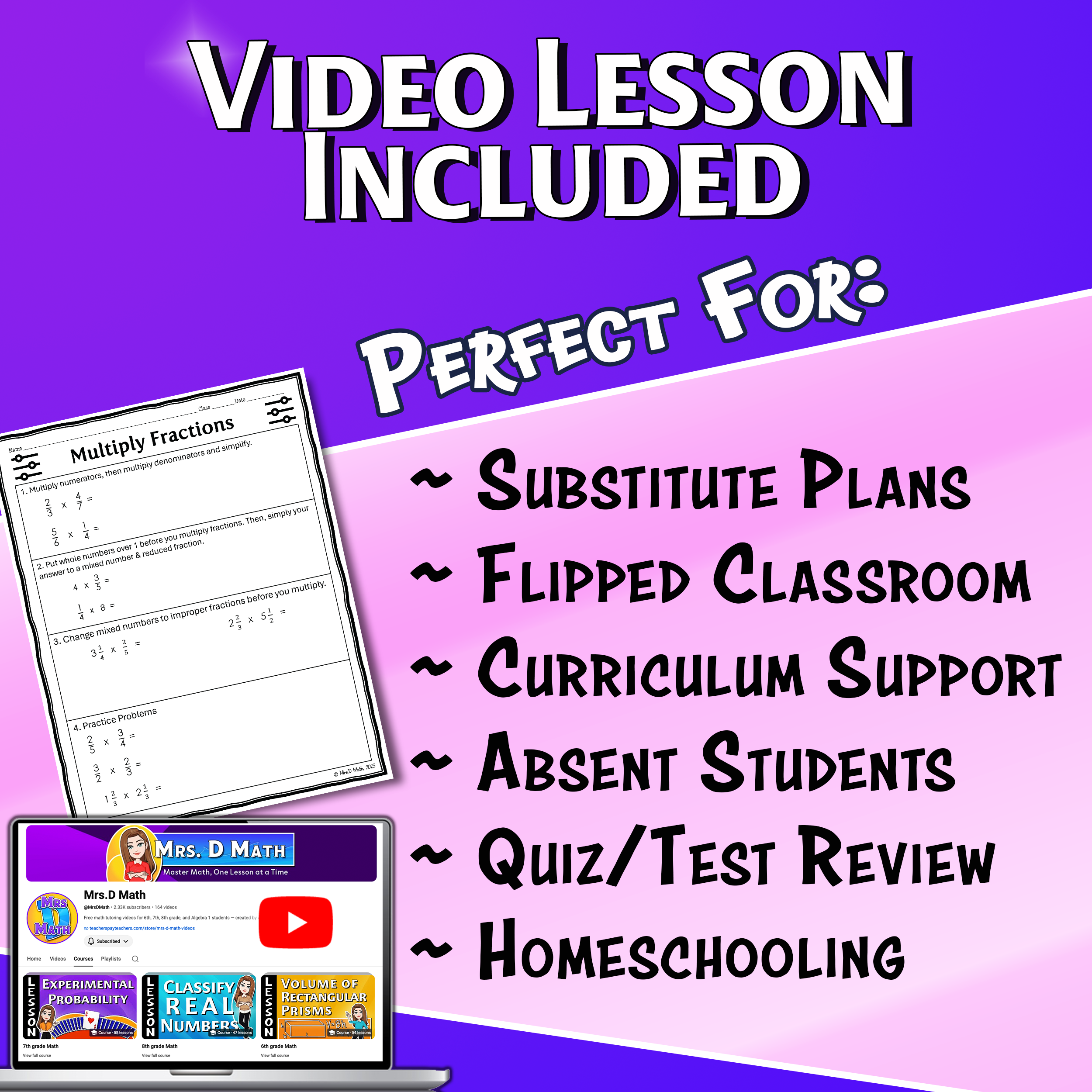 Multiply Fractions Video Lesson Worksheet | 6th grade