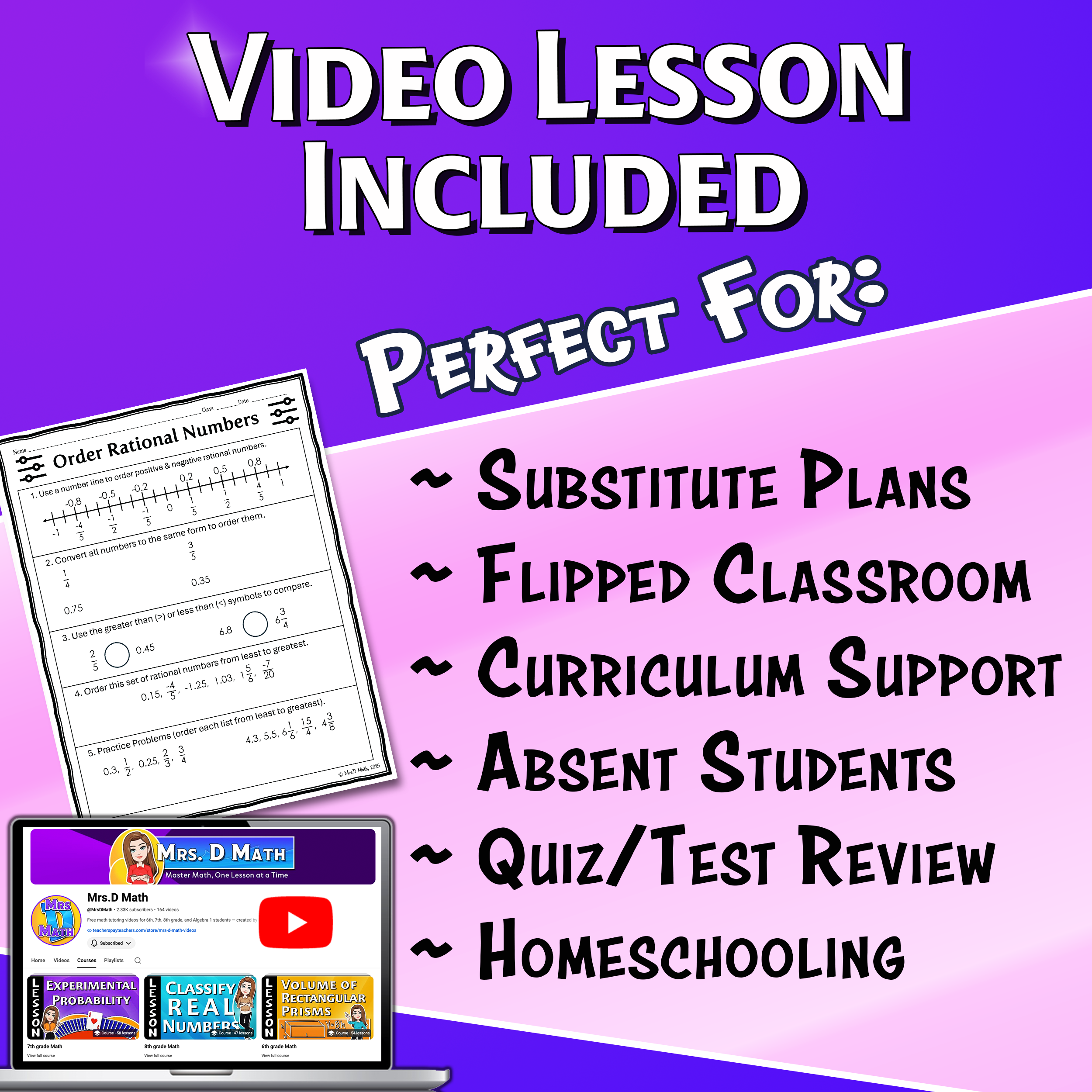 Order Rational Numbers Video Lesson Worksheet | 6th grade