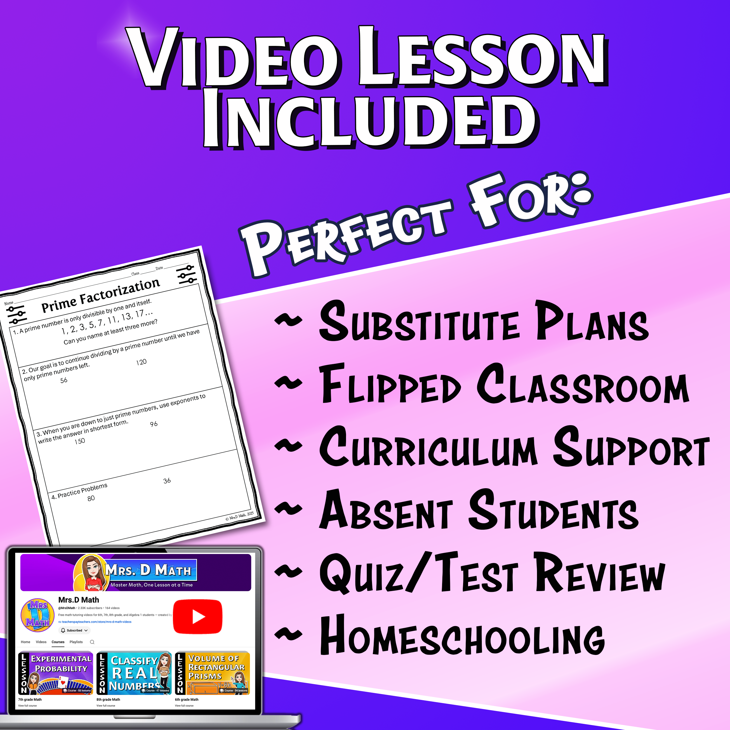 Prime Factorization Video Lesson Worksheet | 6th grade