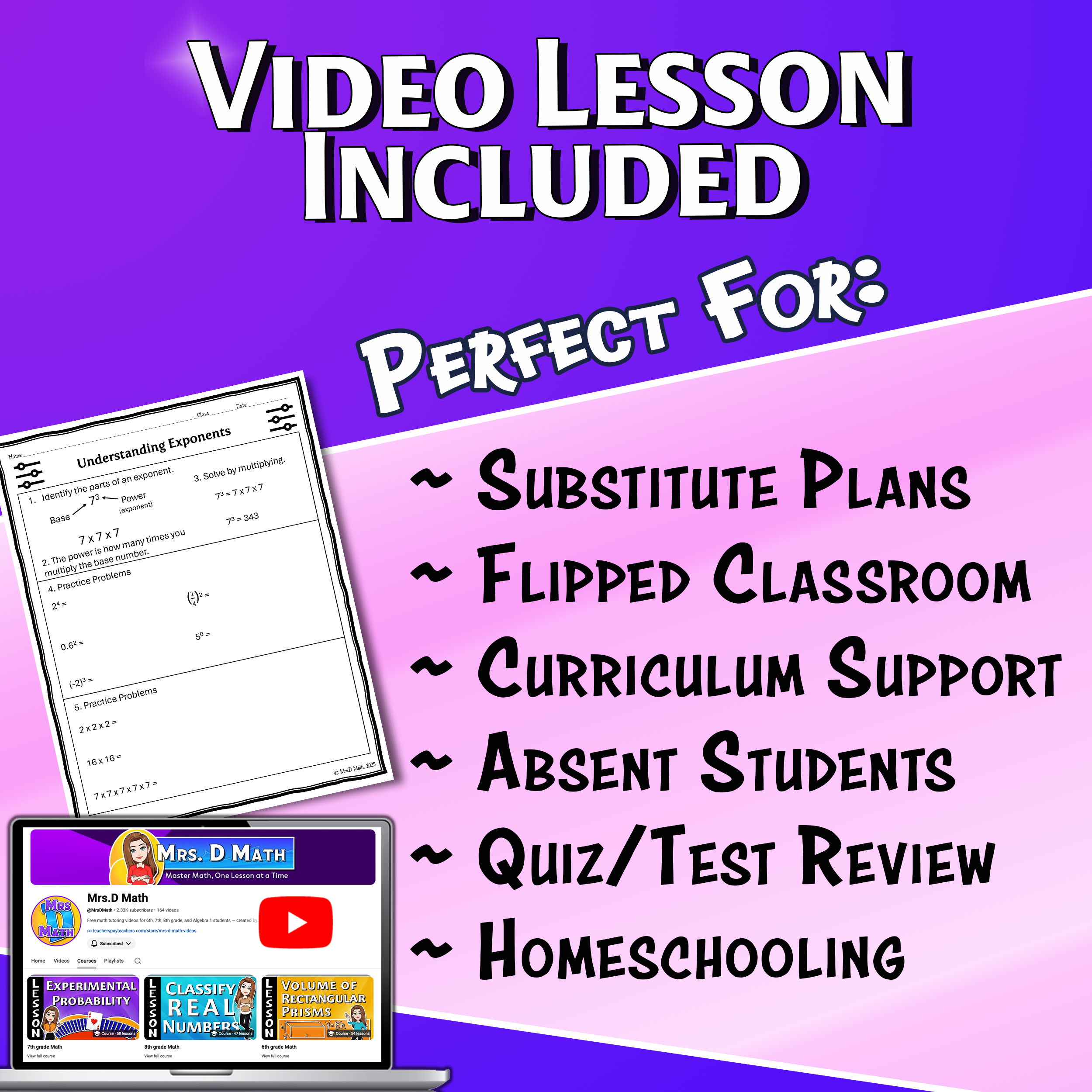 Understanding Exponents Video Lesson Worksheet | 6th grade