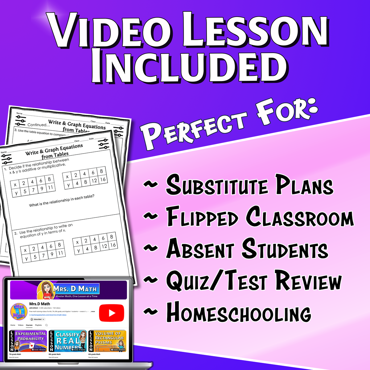 Write & Graph Equations from Tables Video Lesson Worksheet | 6th grade