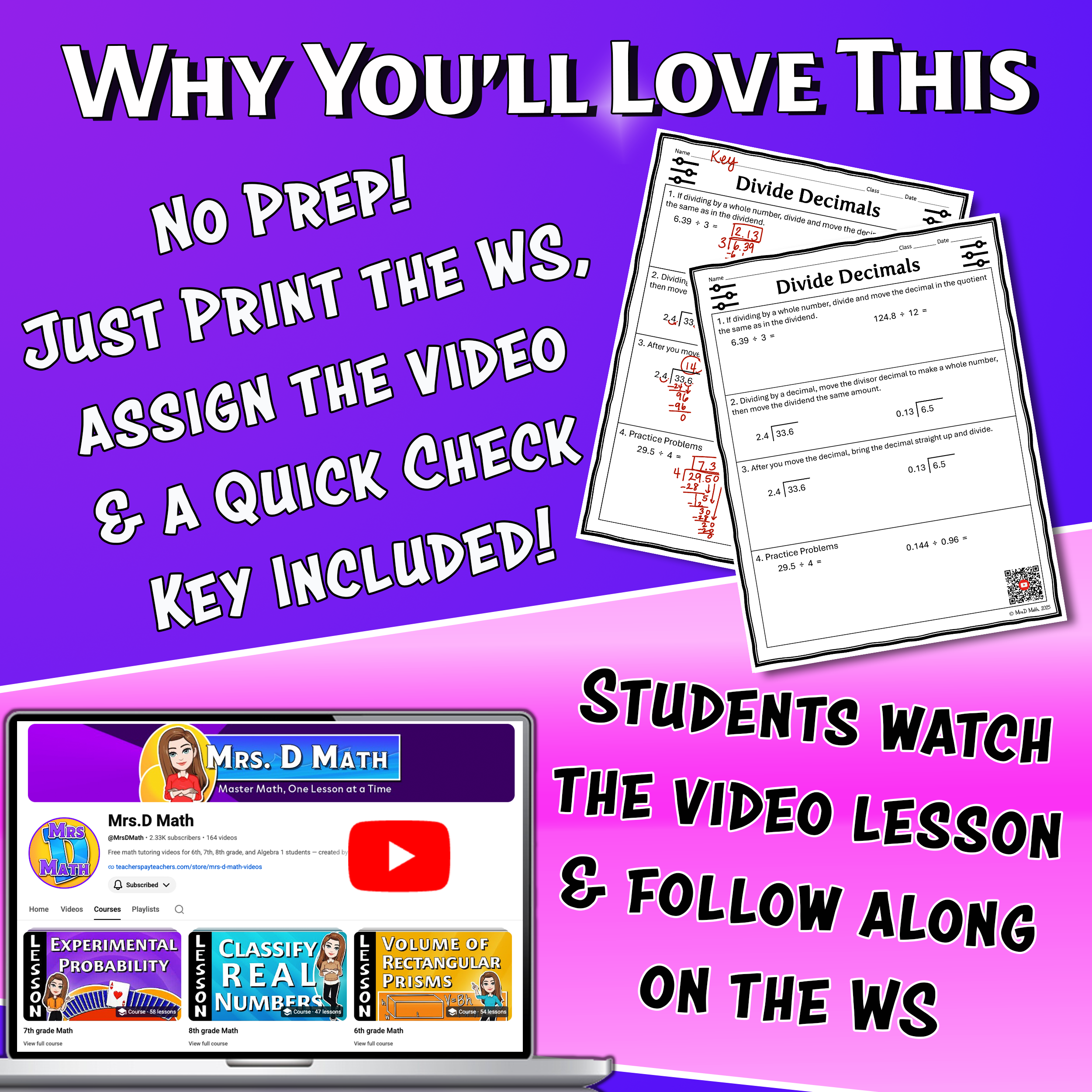 Divide Decimals Video Lesson Worksheet | 6th grade