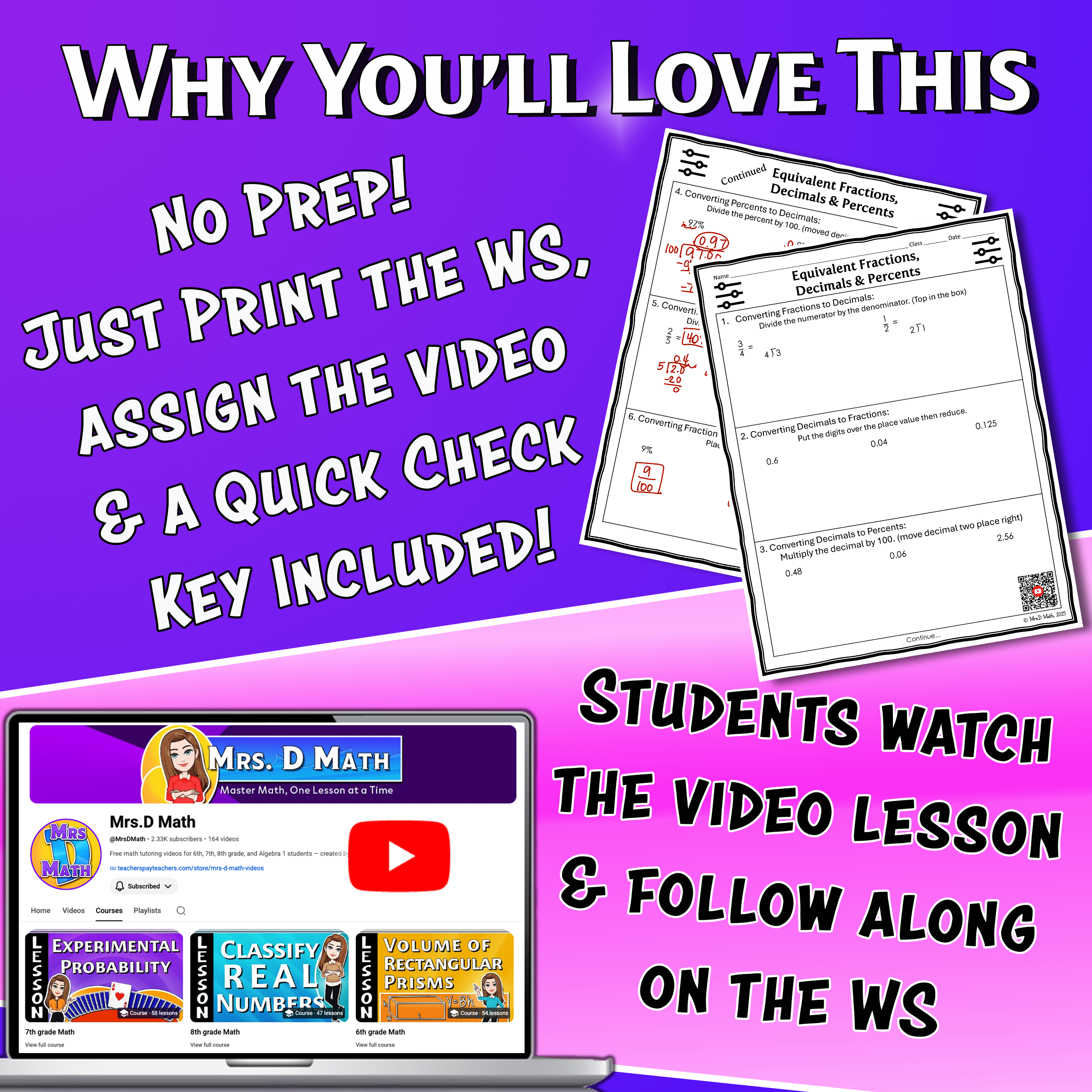 Equivalent Fractions, Decimals & Percents Video Lesson Worksheet | 6th grade