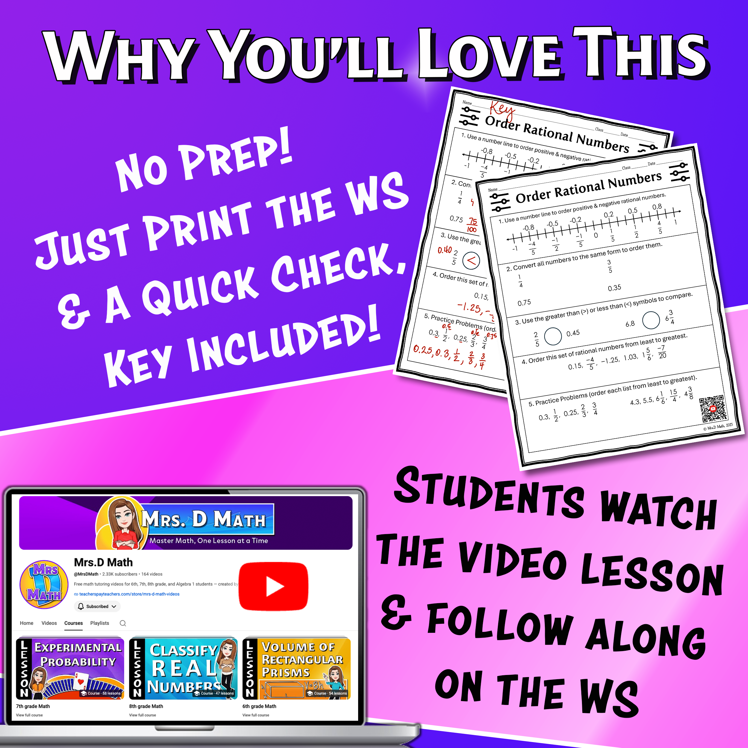 Order Rational Numbers Video Lesson Worksheet | 6th grade