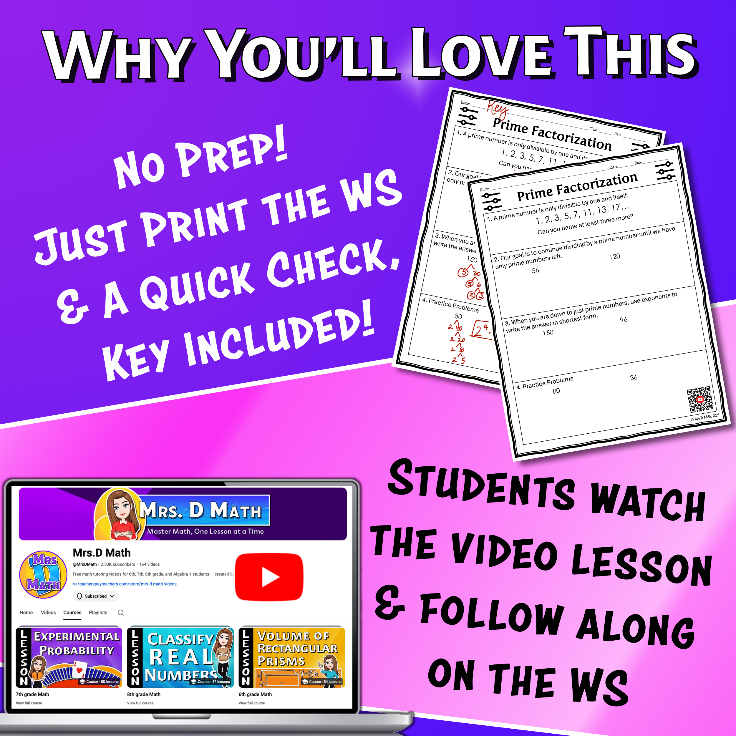 Prime Factorization Video Lesson Worksheet | 6th grade