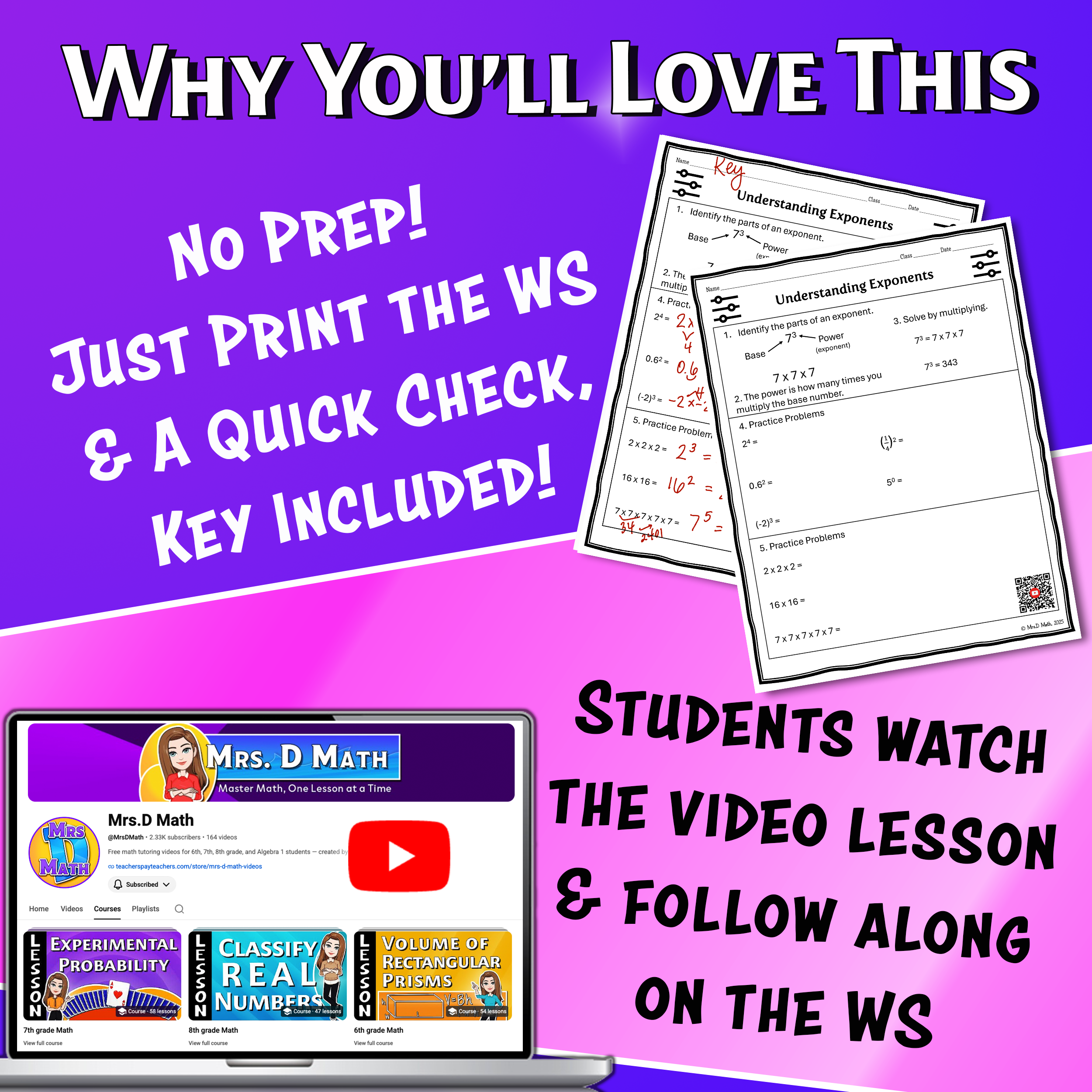 Understanding Exponents Video Lesson Worksheet | 6th grade