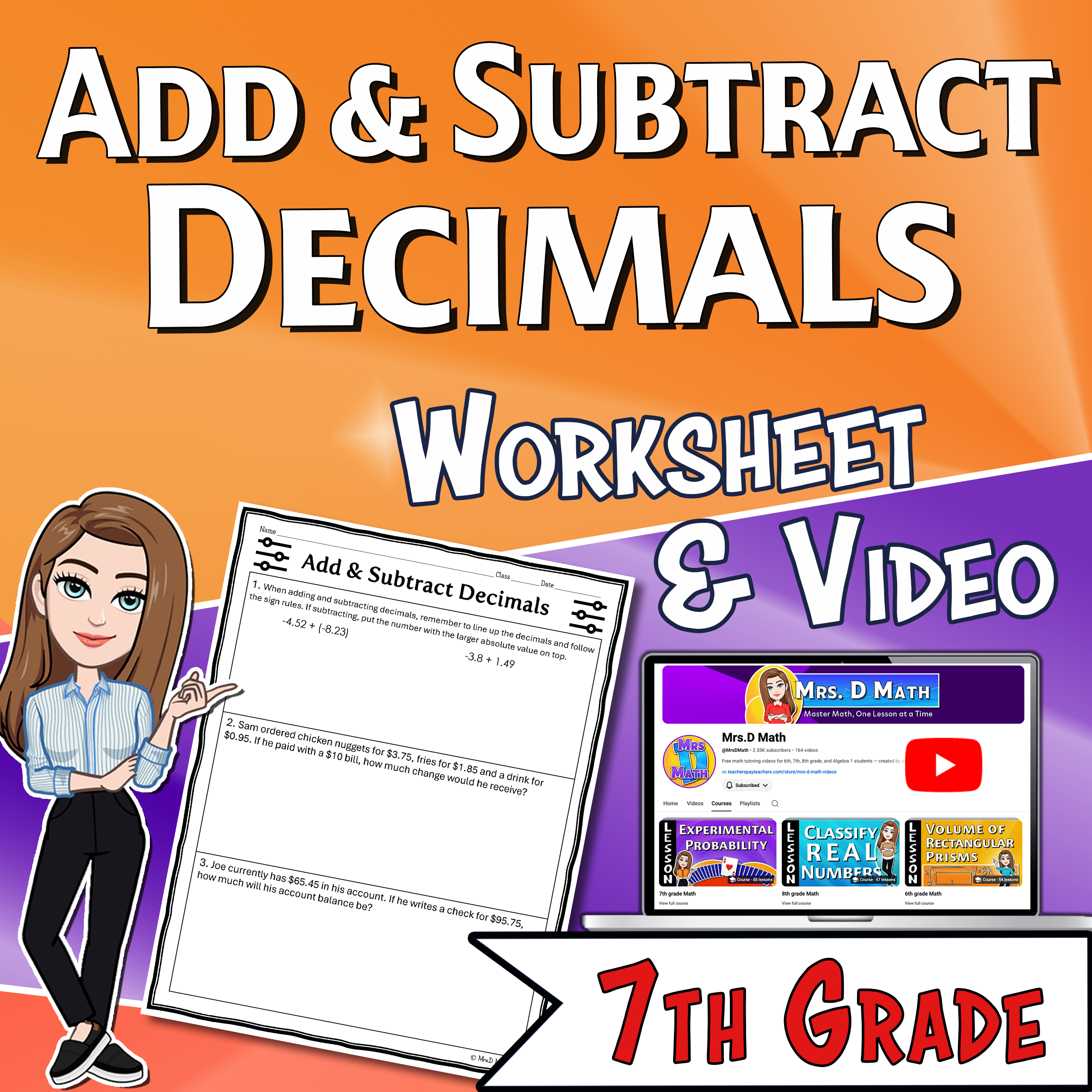 Add & Subtract Decimals Video Lesson Worksheet | 7th grade