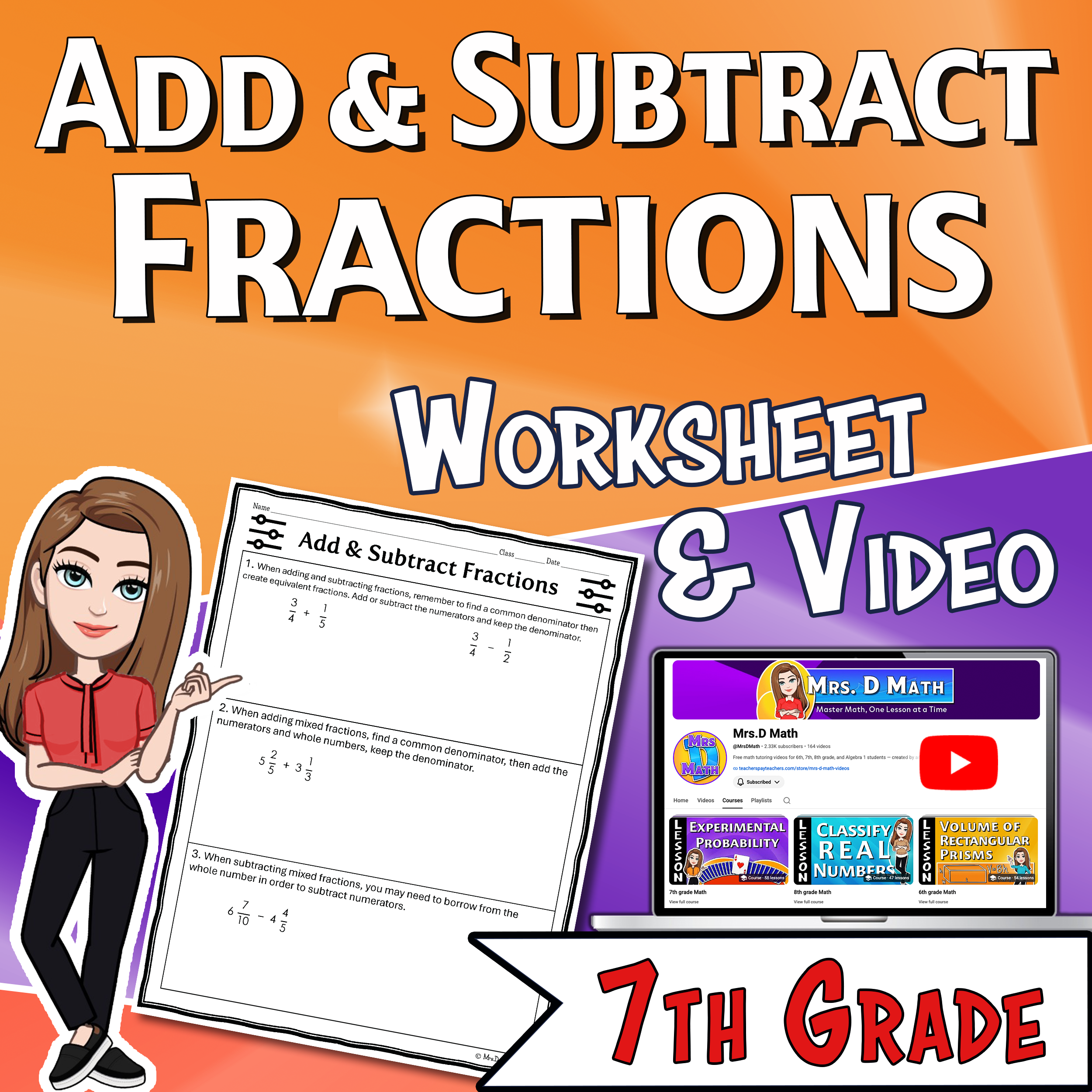 Add & Subtract Fractions Video Lesson Worksheet | 7th grade