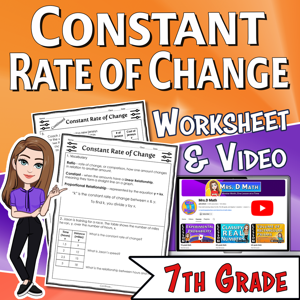 Constant Rate of Change Video Lesson Worksheet | 7th grade
