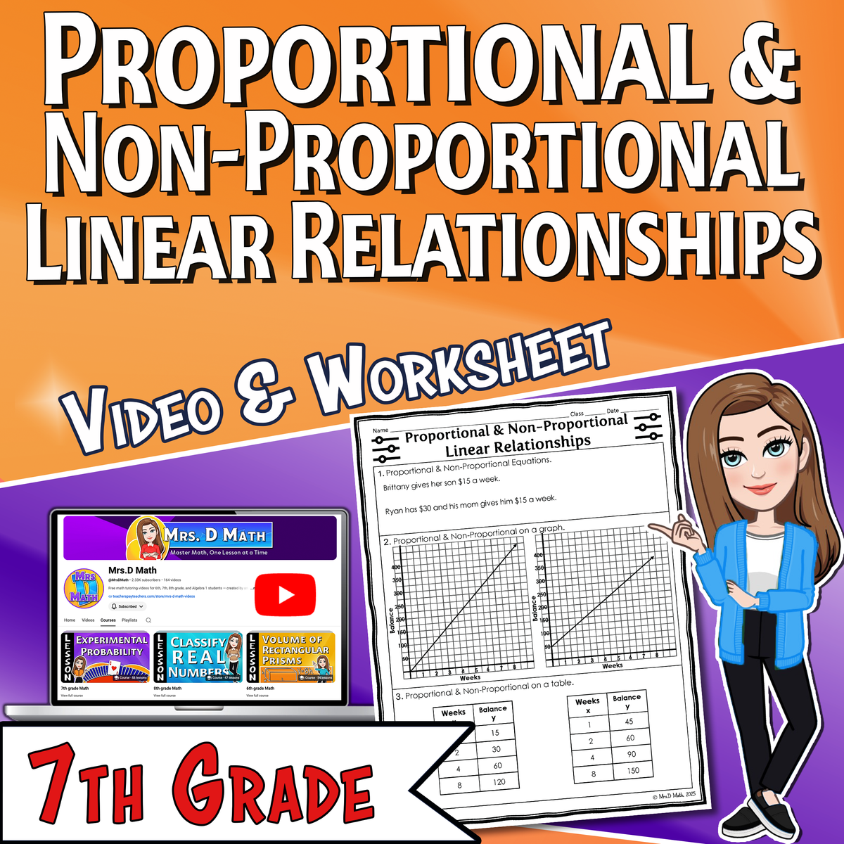 Proportional & Non-Proportional Linear Relationships Video Lesson Worksheet | 7th grade