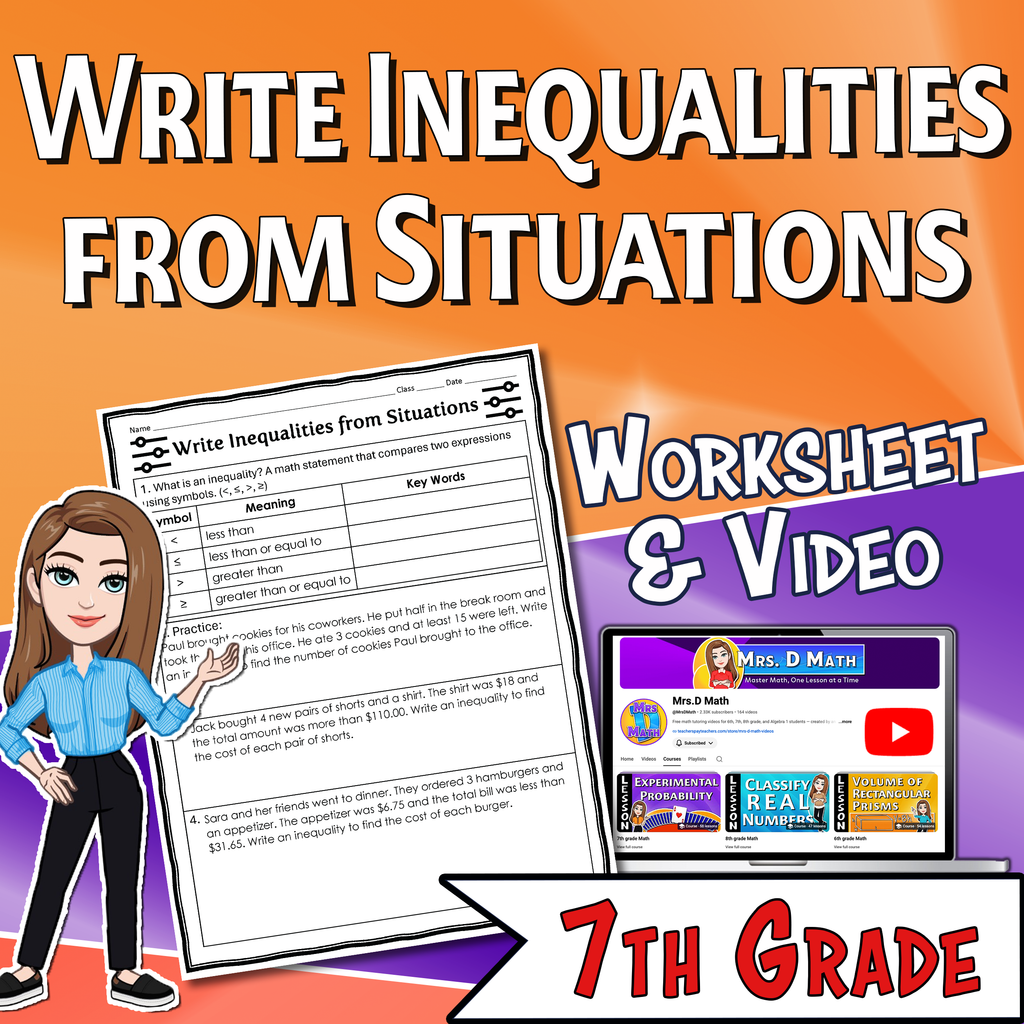 Write Inequalities from Situations Video Lesson Worksheet | 7th grade