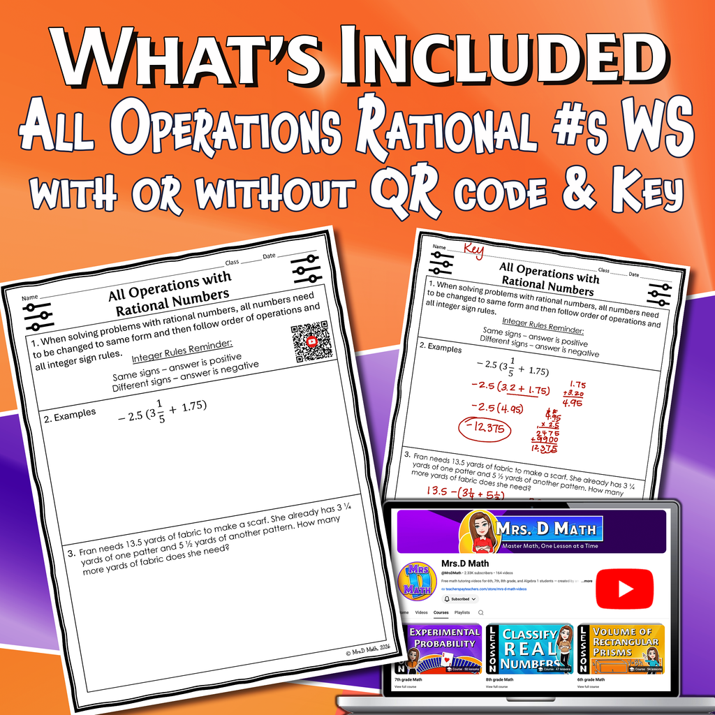 All Operations Rational Numbers Video Lesson Worksheet | 7th grade