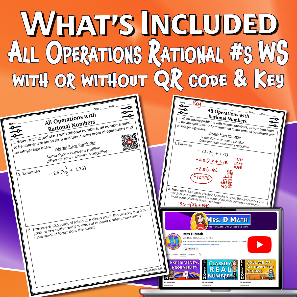 All Operations Rational Numbers Video Lesson Worksheet | 7th grade