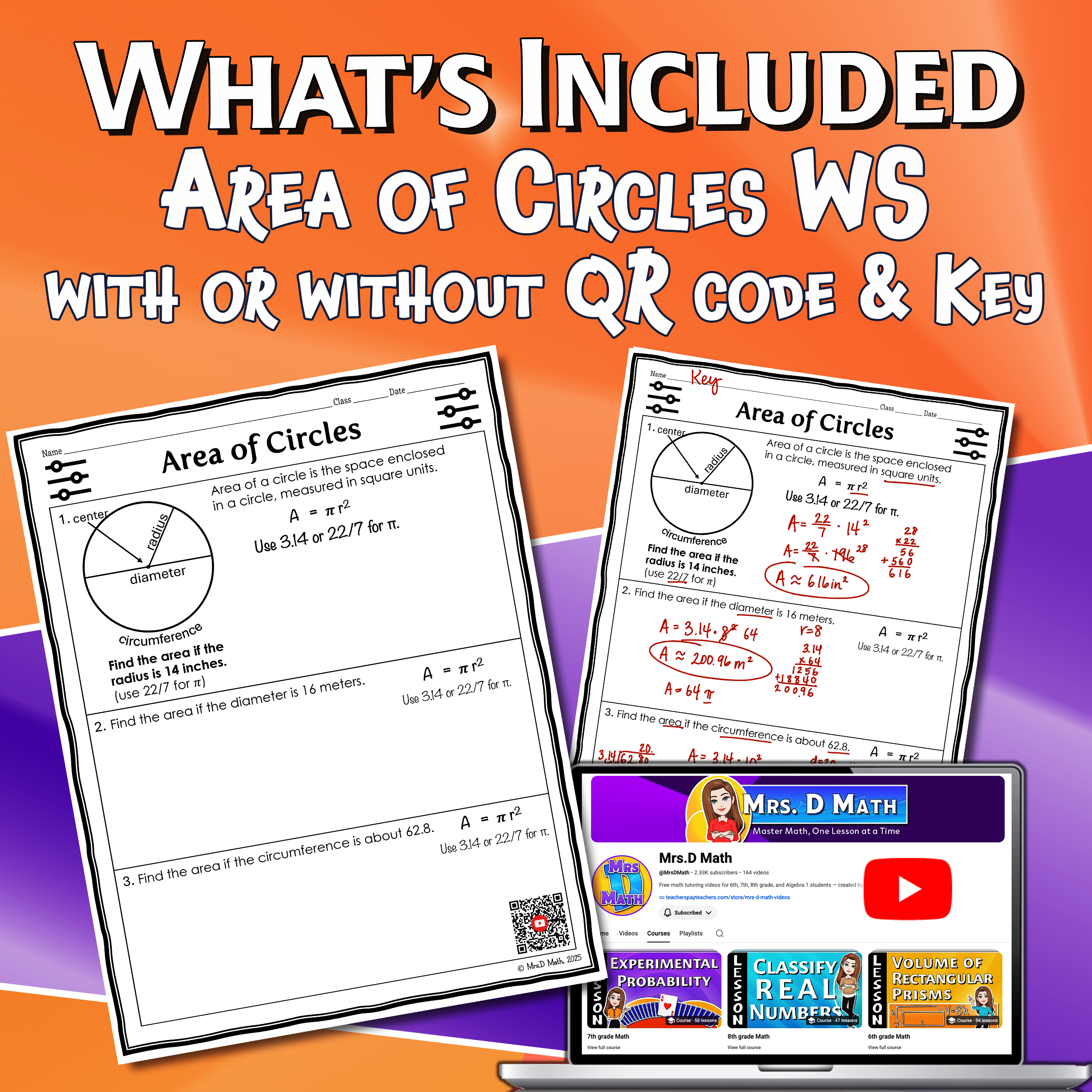 Area of Circles Video Lesson Worksheet | 7th grade
