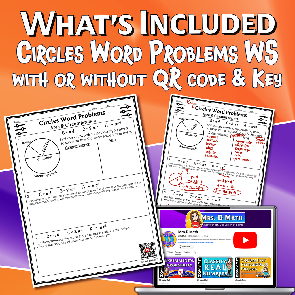 Circles Word Problems Video Lesson Worksheet | 7th grade
