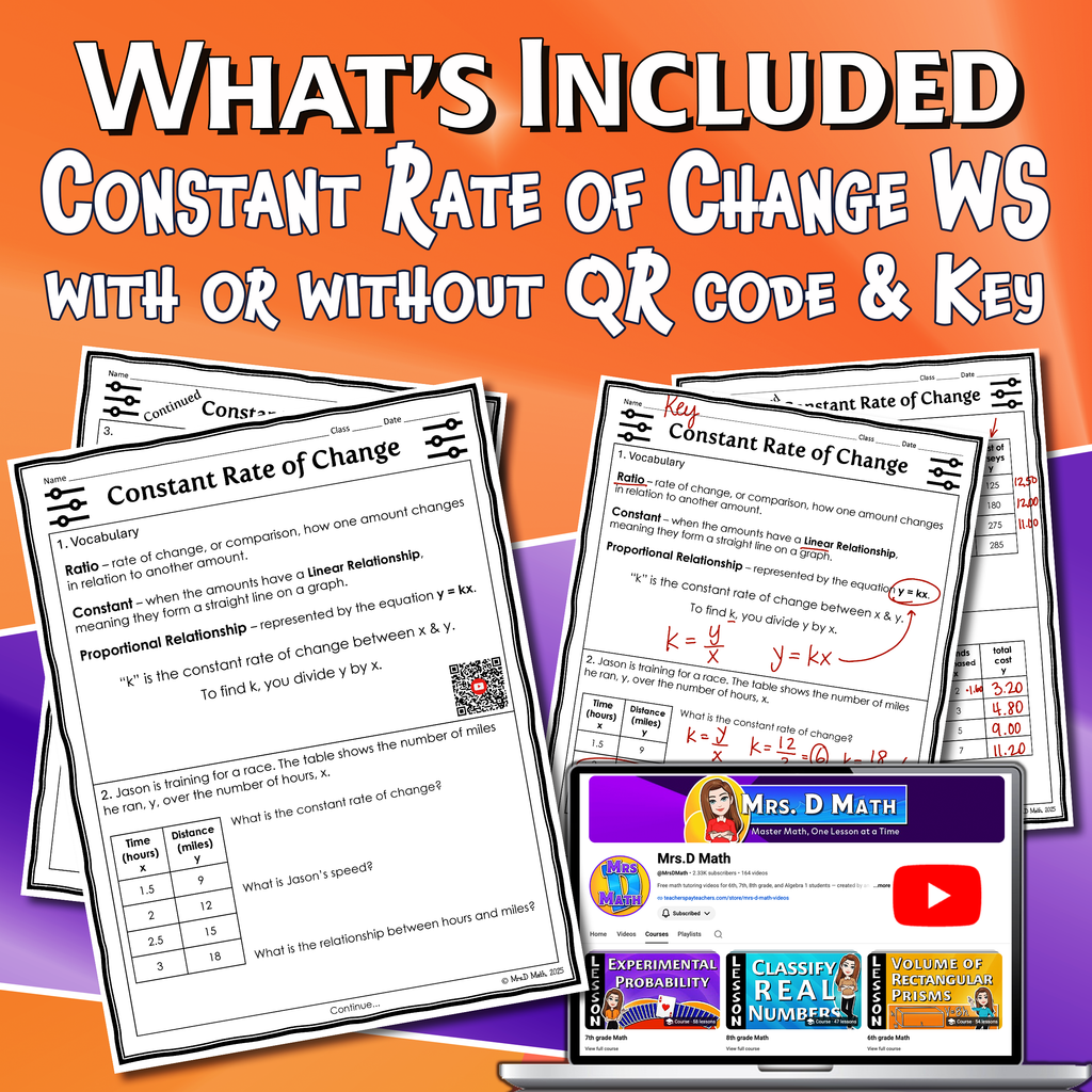 Constant Rate of Change Video Lesson Worksheet | 7th grade