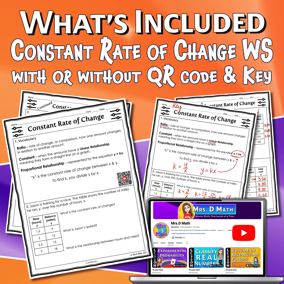 Constant Rate of Change Video Lesson Worksheet | 7th grade