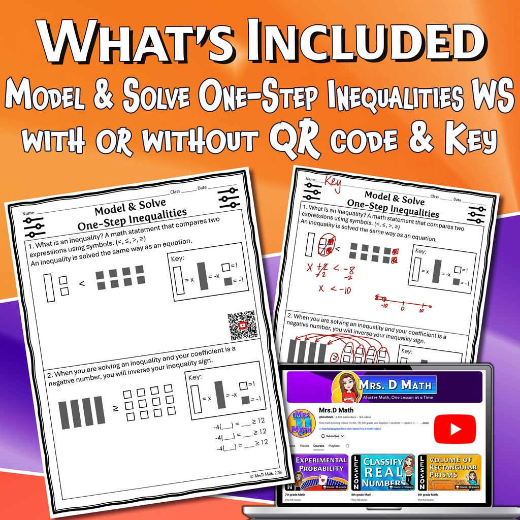 Model & Solve One-Step Inequalities Video Lesson Worksheet | 7th grade