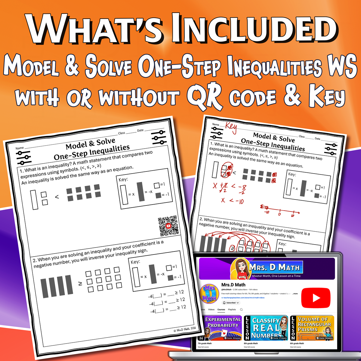 Model & Solve One-Step Inequalities Video Lesson Worksheet | 7th grade