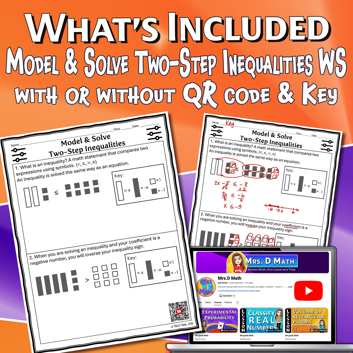 Model & Solve Two-Step Inequalities Video Lesson Worksheet | 7th grade