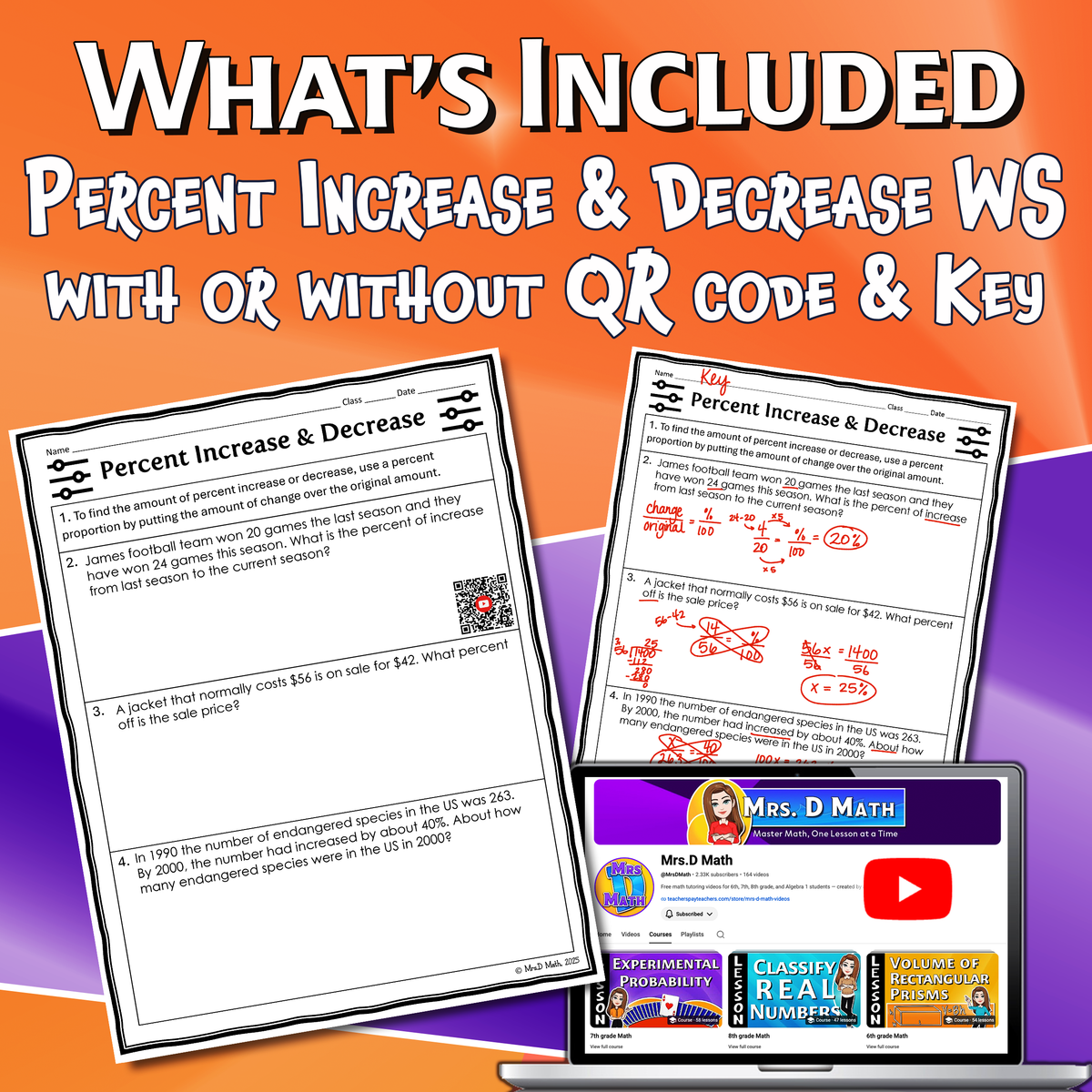 Percent Increase & Decrease Video Lesson Worksheet | 7th grade