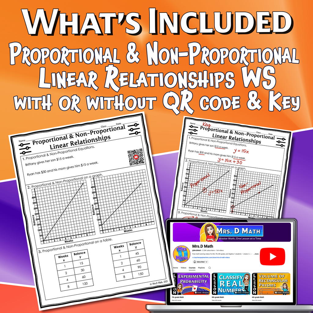 Proportional & Non-Proportional Linear Relationships Video Lesson Worksheet | 7th grade