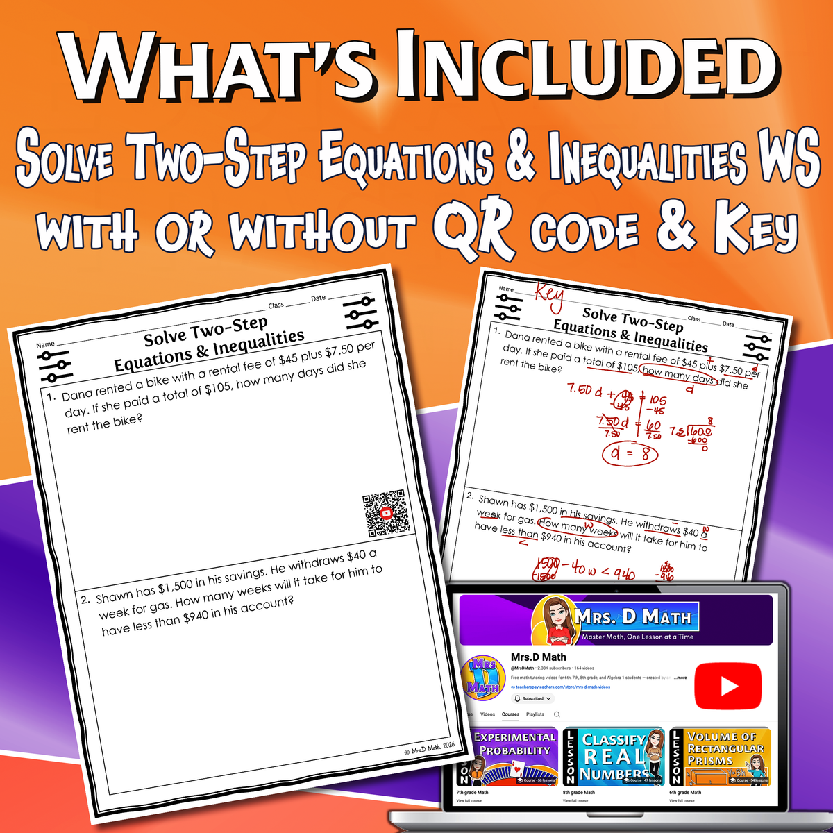 Solve Two-Step Equations & Inequalities Video Lesson Worksheet | 7th grade