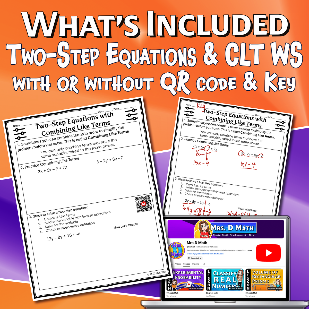 Two-Step Equations & Combine Like Terms Video Lesson Worksheet | 7th grade