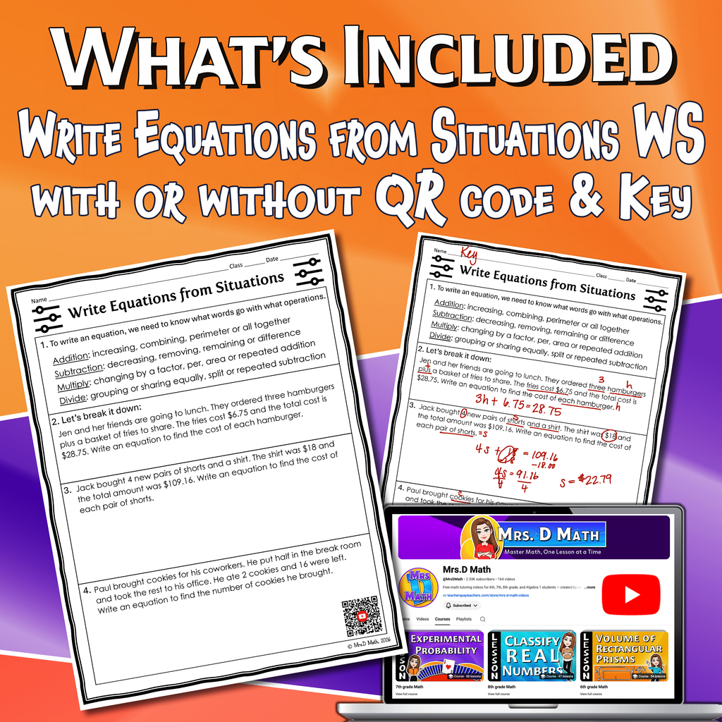 Write Equations from Situations Video Lesson Worksheet | 7th grade
