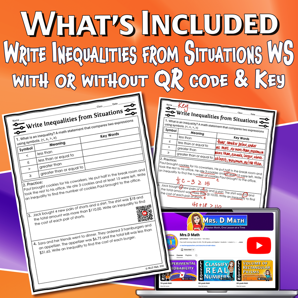 Write Inequalities from Situations Video Lesson Worksheet | 7th grade