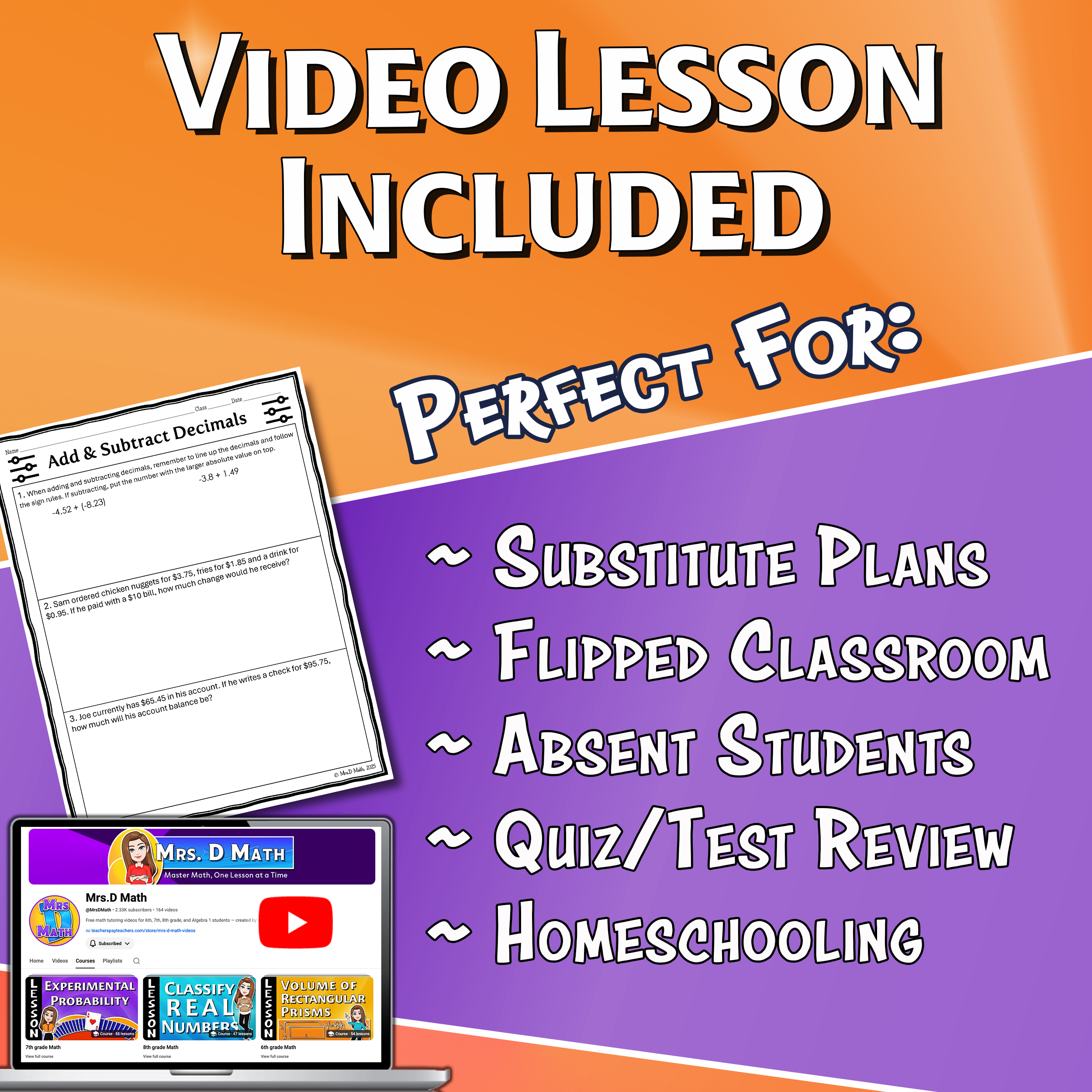 Add & Subtract Decimals Video Lesson Worksheet | 7th grade