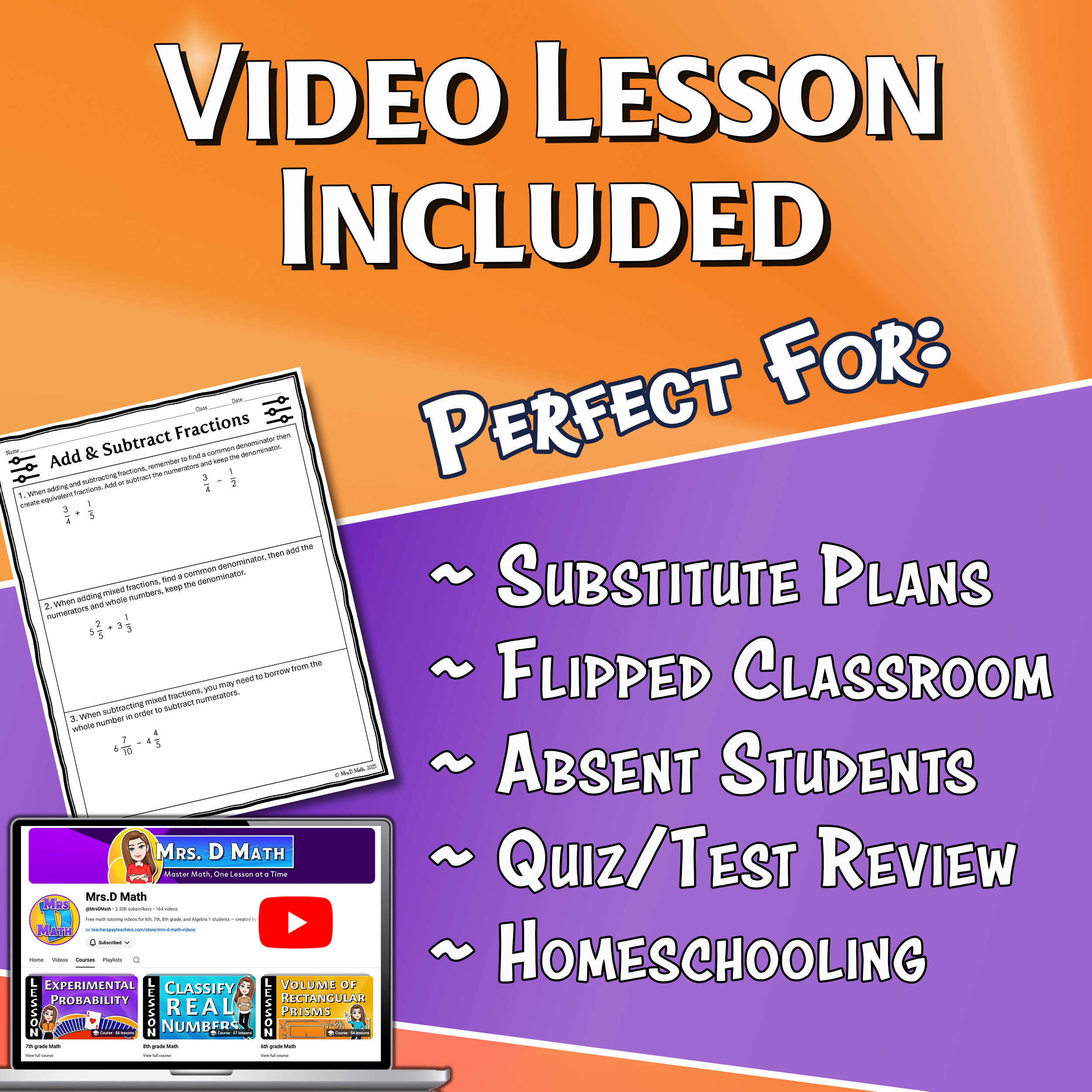 Add & Subtract Fractions Video Lesson Worksheet | 7th grade