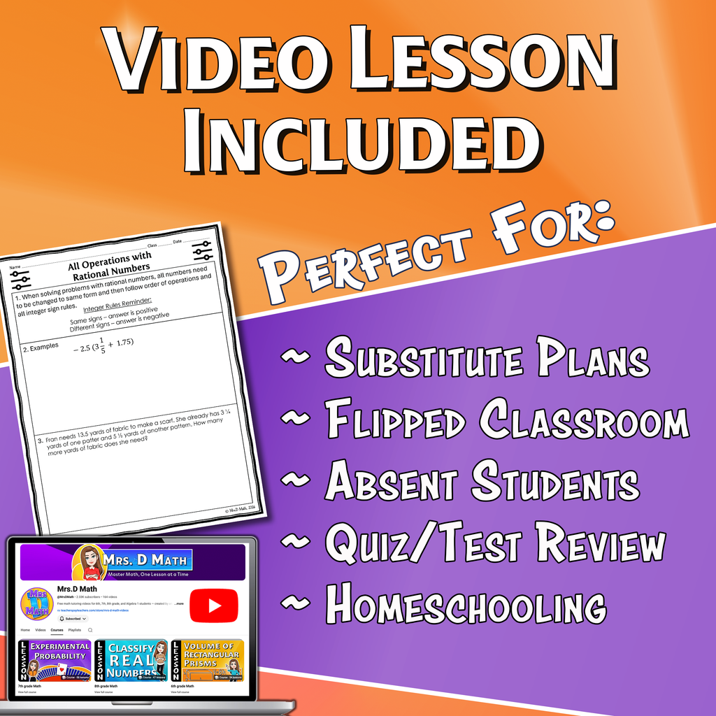 All Operations Rational Numbers Video Lesson Worksheet | 7th grade