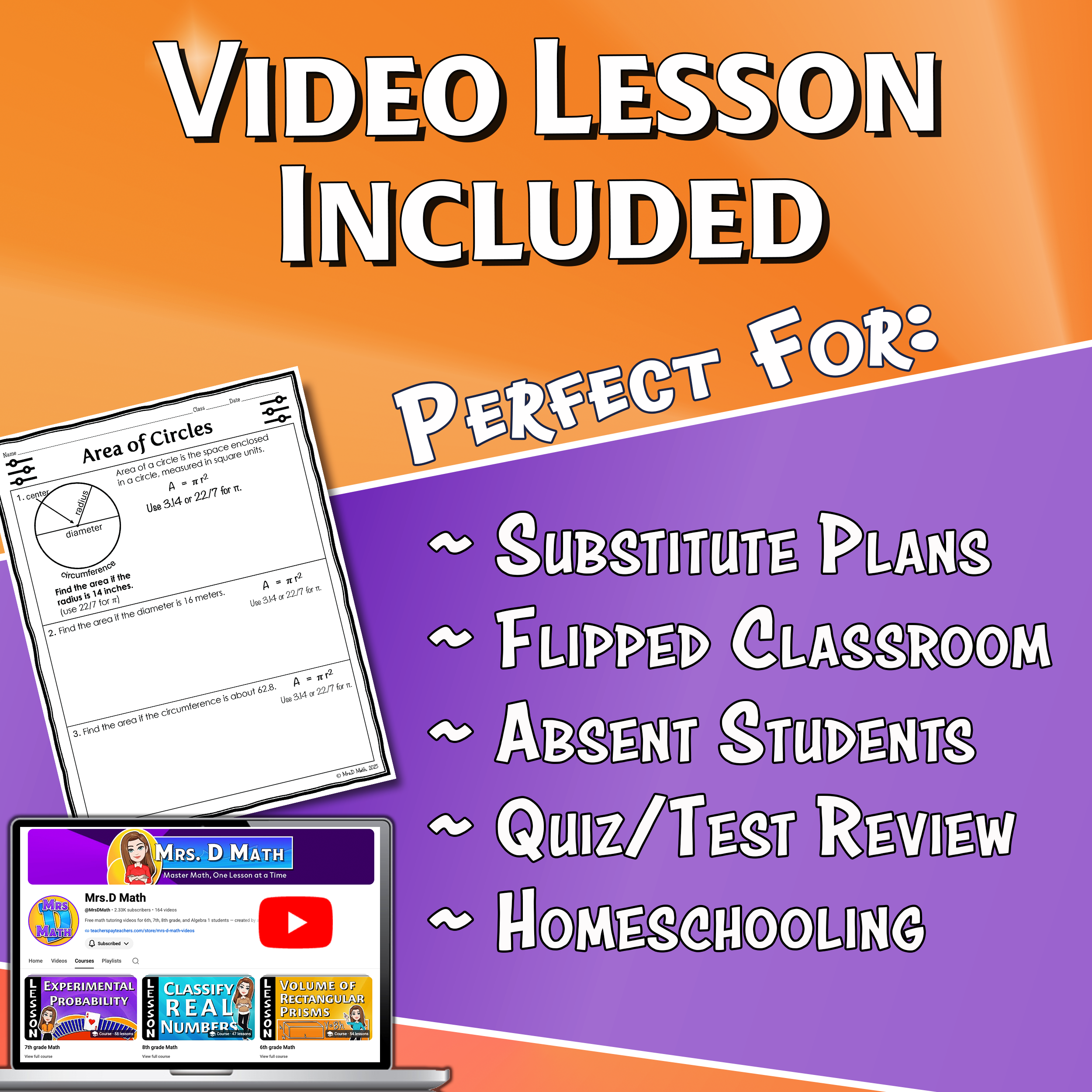 Area of Circles Video Lesson Worksheet | 7th grade