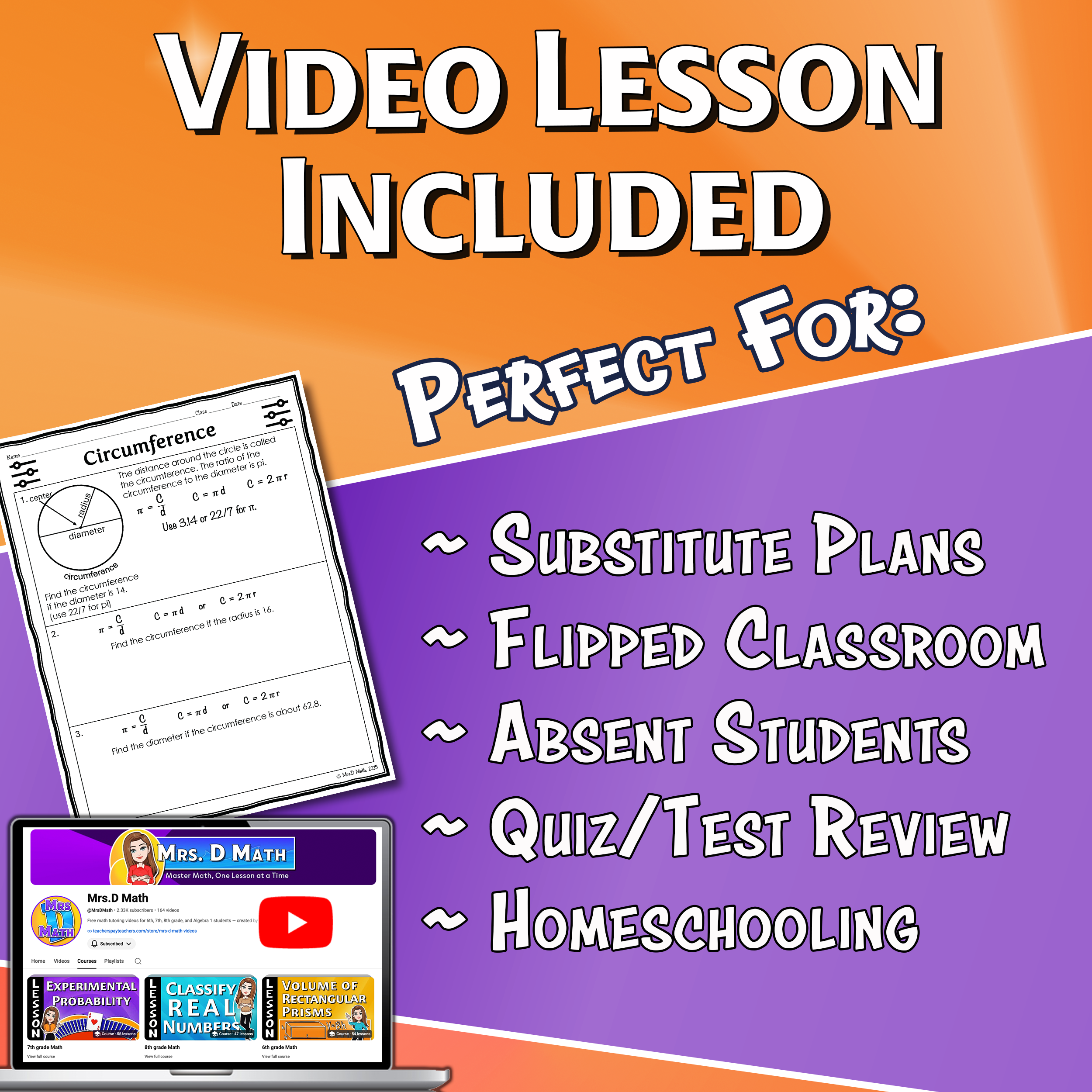 Circumference Video Lesson Worksheet | 7th grade