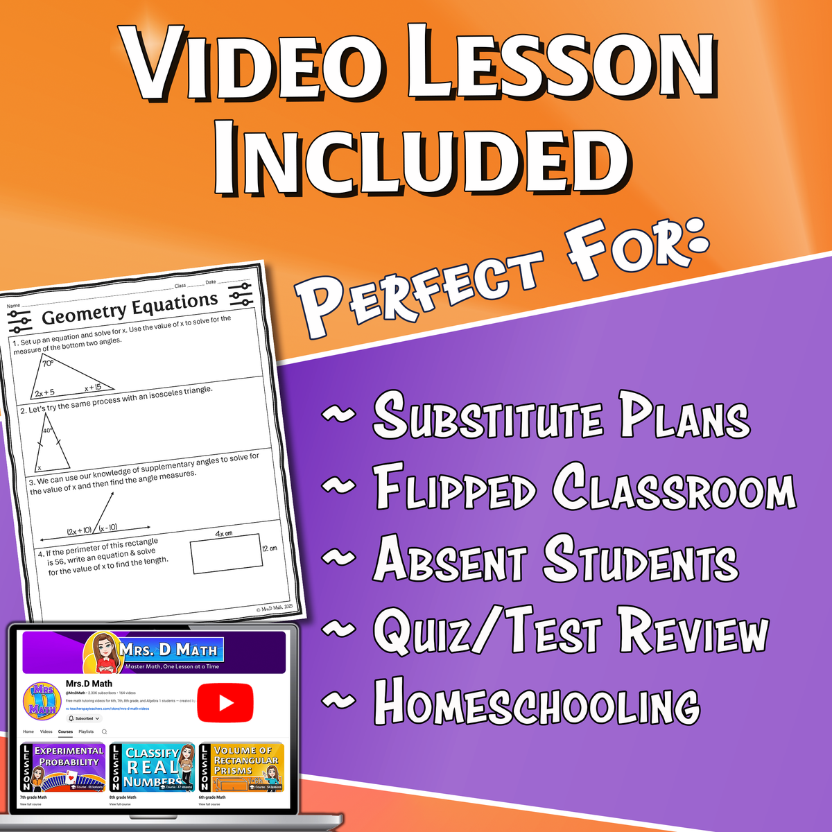 Geometry Equations Video Lesson Worksheet | 7th grade