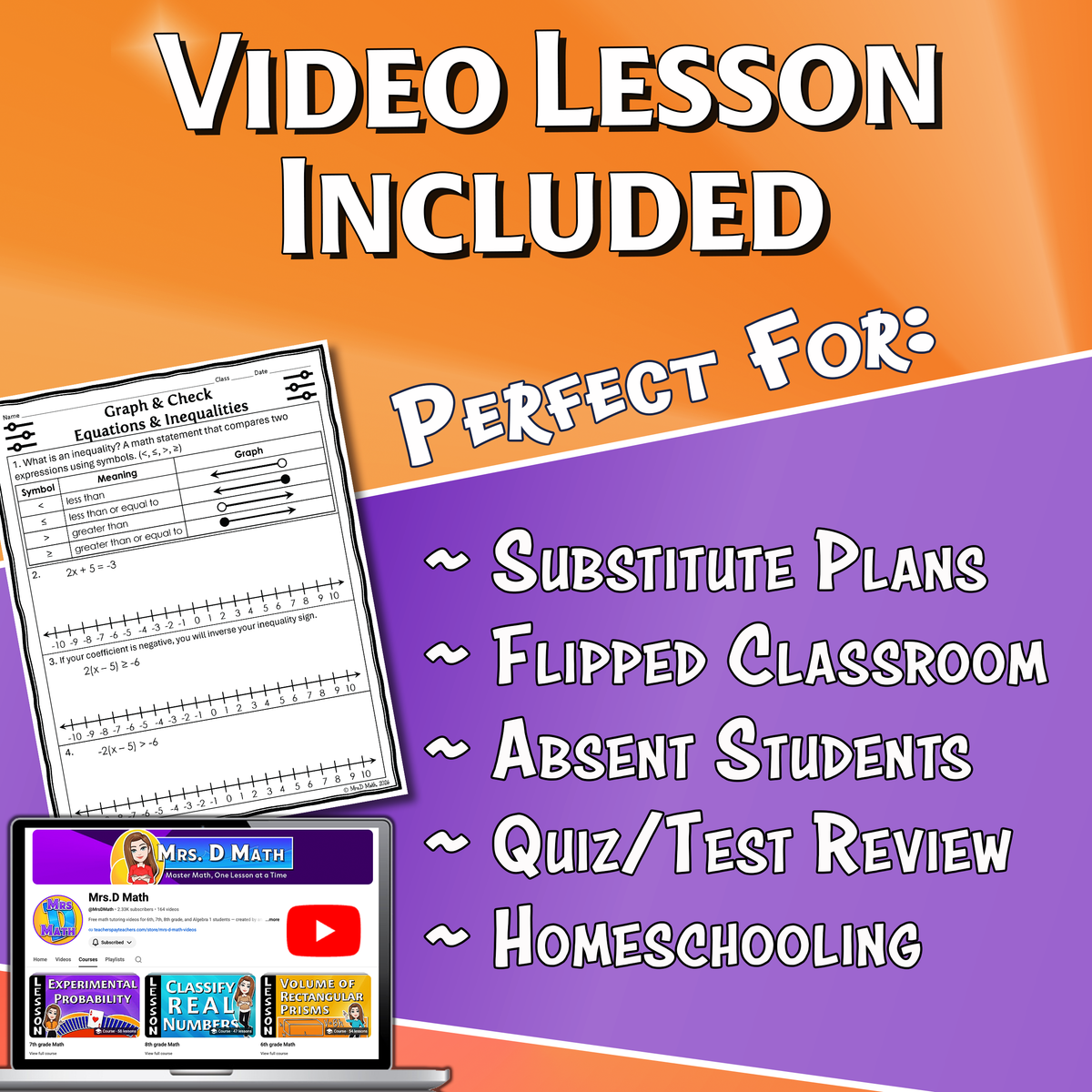 Graph & Check Equations & Inequalities Video Lesson Worksheet | 7th grade