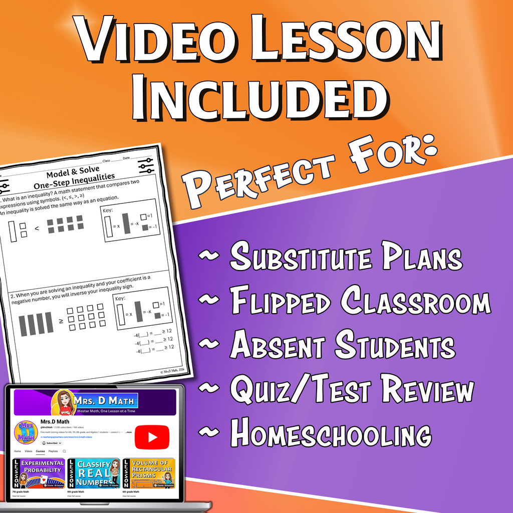 Model & Solve One-Step Inequalities Video Lesson Worksheet | 7th grade